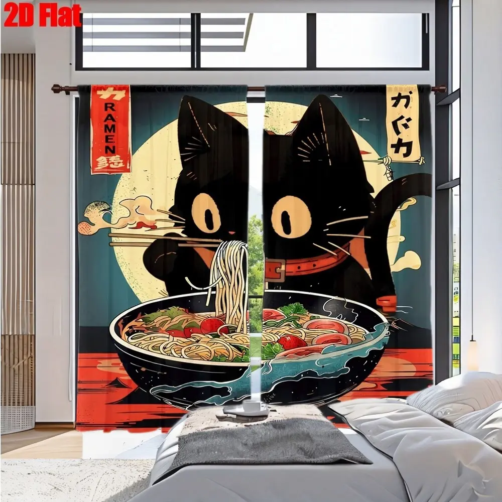 2D Flat 2Pcs Black Cat Ramen Kitchen Decor Curtain with Japanese Characters, Spring Refresh, High Definition Digital Printing, Whimsical Anime Style, All-Season Curtains for Home Living Room Bedroom Study Cabinet Decoration
