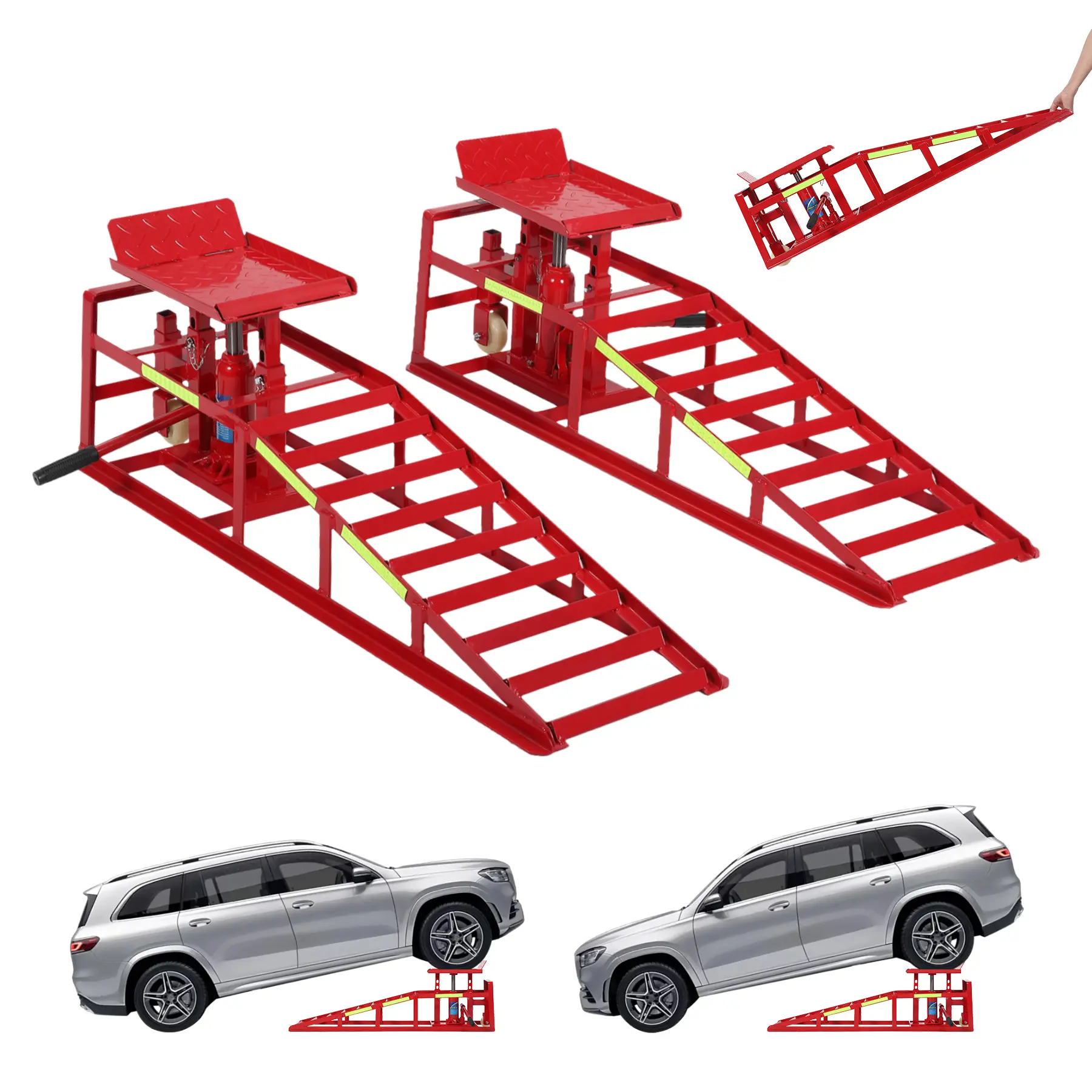 2PC Hydraulic Car Ramps with Wheel 5T/11050LBS,9-14.2 Lifting Range,Heavy Duty Car Lift Ramps,Drive Up Hydraulic Ramp for Home and Garage,Retracable Wheel,Night-Reflective Stickers
