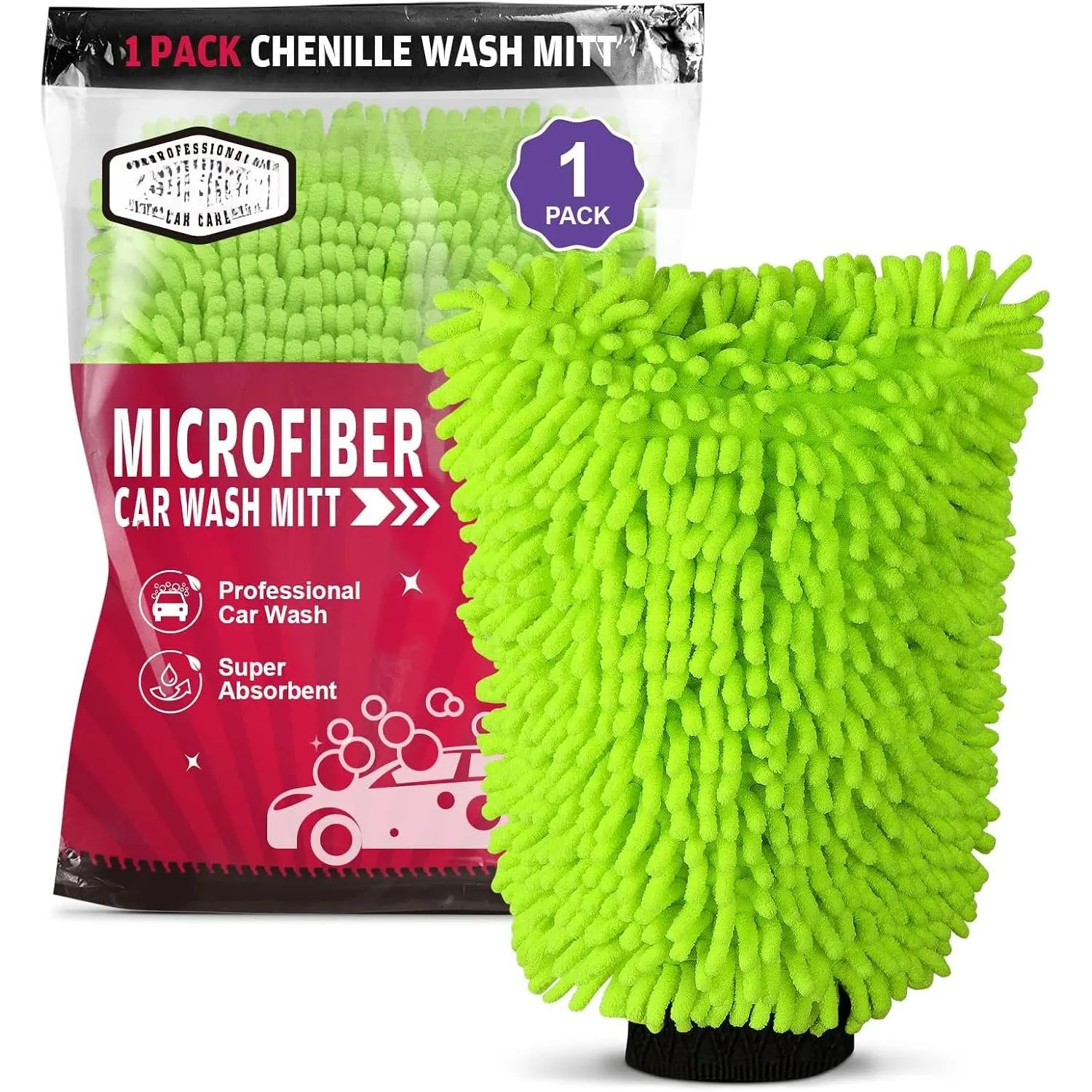 Wash Mitt Microfiber, 1PK-Scratch-Free& Lint-Free,  Chenille Microfiber Mitt  Wash Brush-Green Regular Size (7.12''X10.14'')