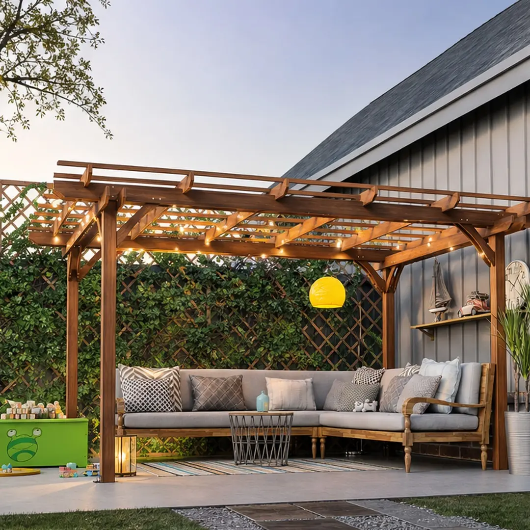 ARCH Brown Fir Wood Pergola Gazebo (12x10 FT, 120w x144d x88.44h in, 190lb) - Outdoor Canopy for Patio, Weather-Resistant Shelter, Multi-Layer Roof, Climbing Plants Support, Easy Installation, Garden Arbor for Barbecues/Gatherings