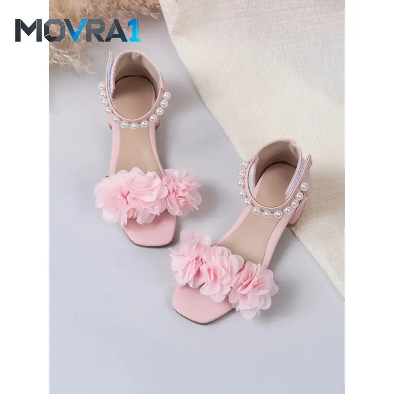 MOVRA1 Comfortable Chunky Heel Open Toe Sandals, Pearl Strap & Mesh Flower Design, Shiny Party Shoes Little Princesses, Floral Design Sandals, Floral Pattern Sandals