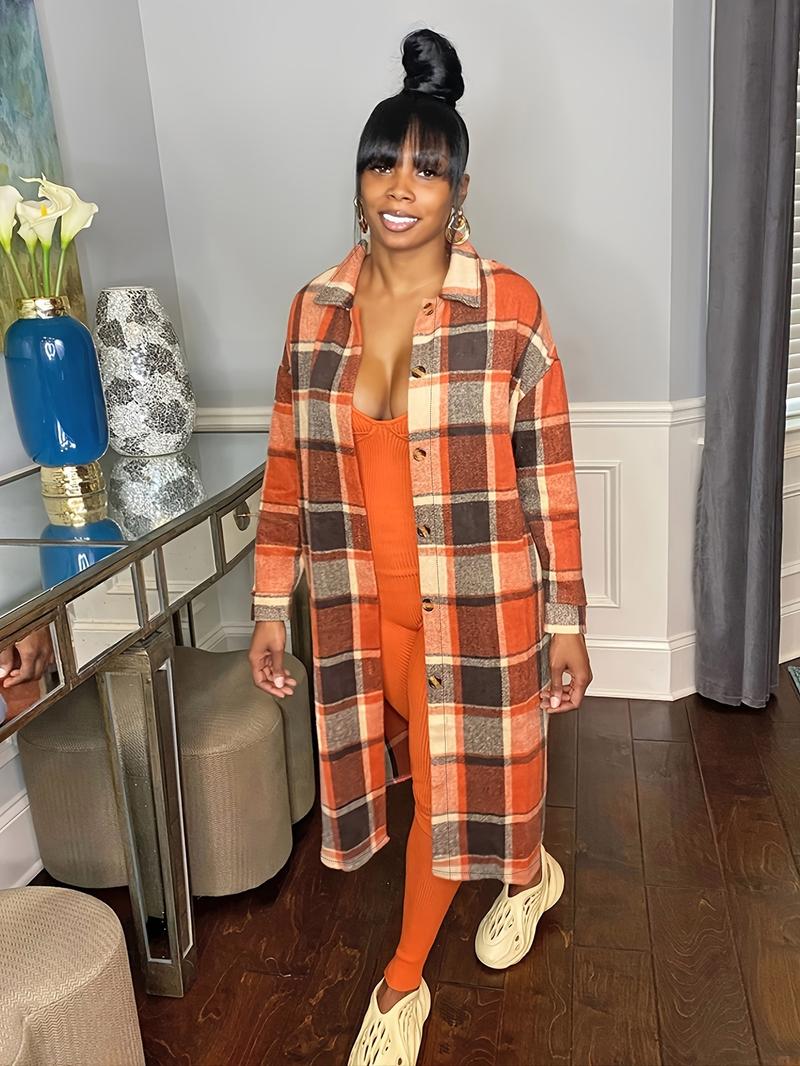 Women's Plaid Print Button Front Split Hem Overcoat Jackets, Casual Drop Shoulder Long Sleeve Collared Coat for Fall & Winter, Women's Clothing for Daily Wear