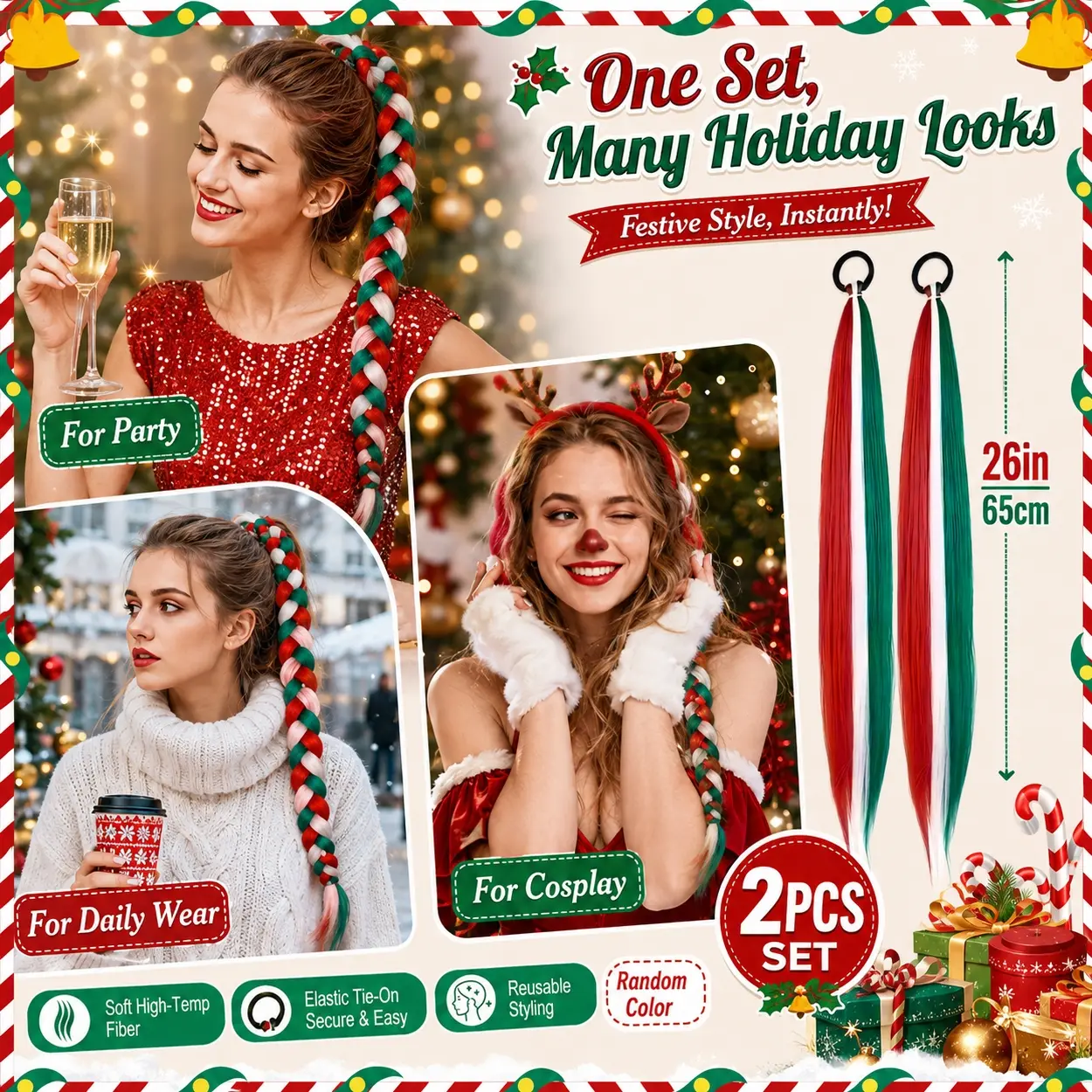 2PCS Christmas Braided Ponytail Hair Extension 26 Inch Long, with Secure Elastic Loop Attachment, High Temperature Fiber Synthetic Ponytail for Women Girls, Perfect Christmas Party Decorations, Cosplay Looks, Creative Holiday Hair Styling