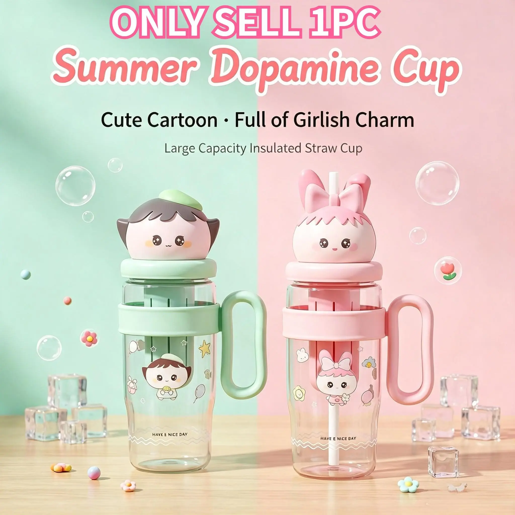 1100ML Cartoon Ice Cup with Handle, High-Profile Plastic Straw Water Bottle, Portable Cold Brew Tea Cup, Ideal for Students & Outdoor Use