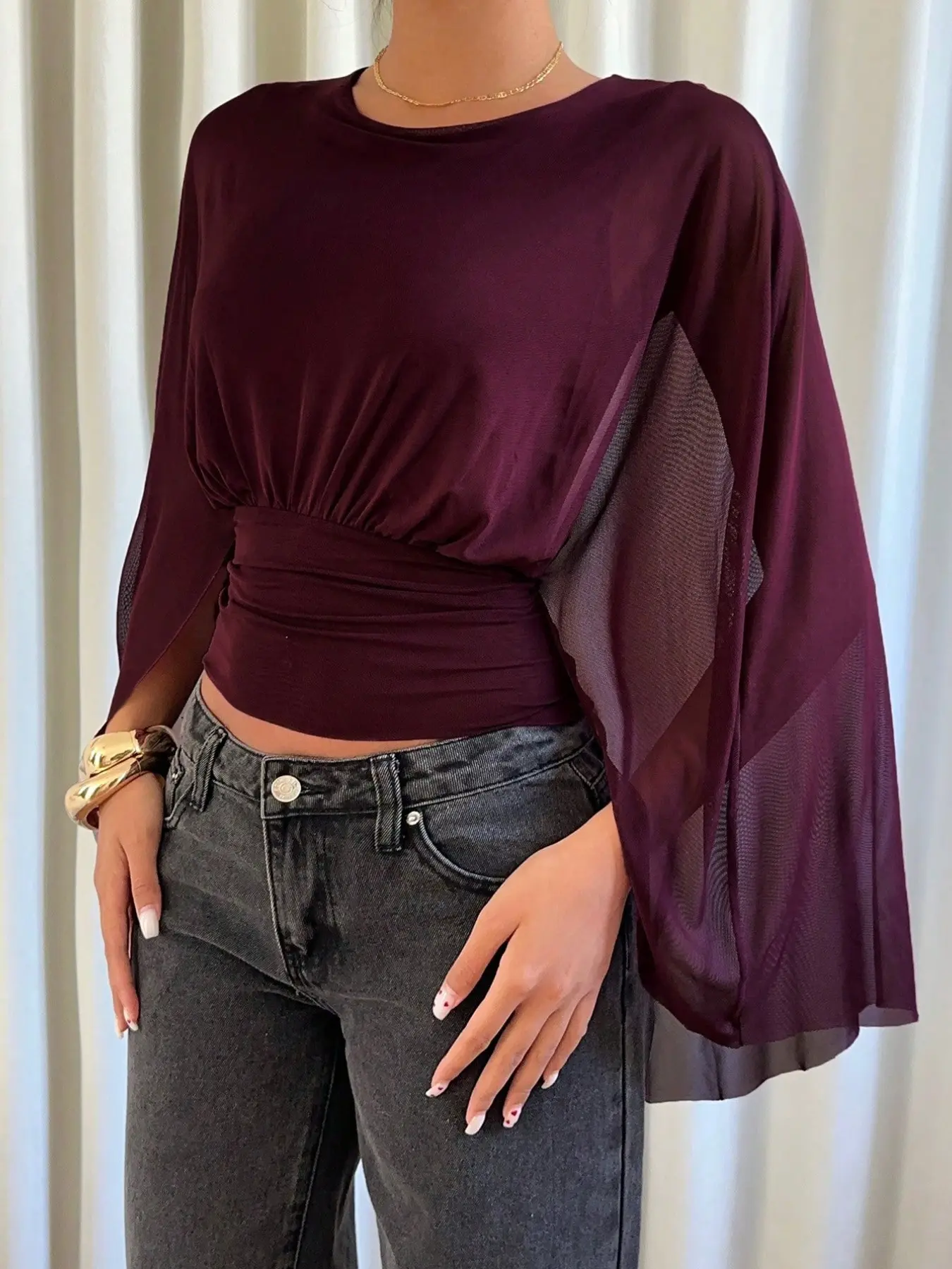 Round Neck Split Flare Long Sleeve Batwing Crop Top For Women Gathered Waist Slimming Blouse See Through Panel Sleeve Ruched Waist Figure Friendly Short Shirt Elegant Daily Date Brunch Vacation Versatile Layering Tops For Women All Occasions