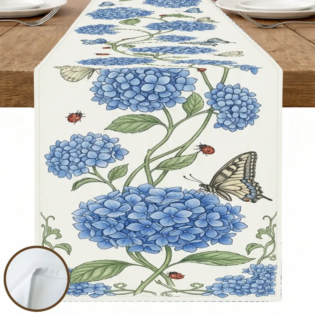 1pc Blue Hydrangea Butterfly Table Runner, Vintage Floral Style, Decorative Border and Watercolor Style Print, for Dining Table Kitchen Decor Home Decor Spring Decor