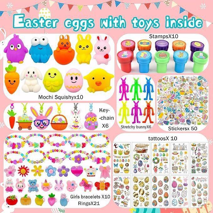 36pcs/50cs/100pcs Prefilled Easter Eggs Toys and Stickers for Easter Egg Hunt, Filled with Toys Party Favors for Kids Boys Girls Easter Eggs Hunt, Basket Stuffers Fillers, Classroom Prize Supplies Springtok