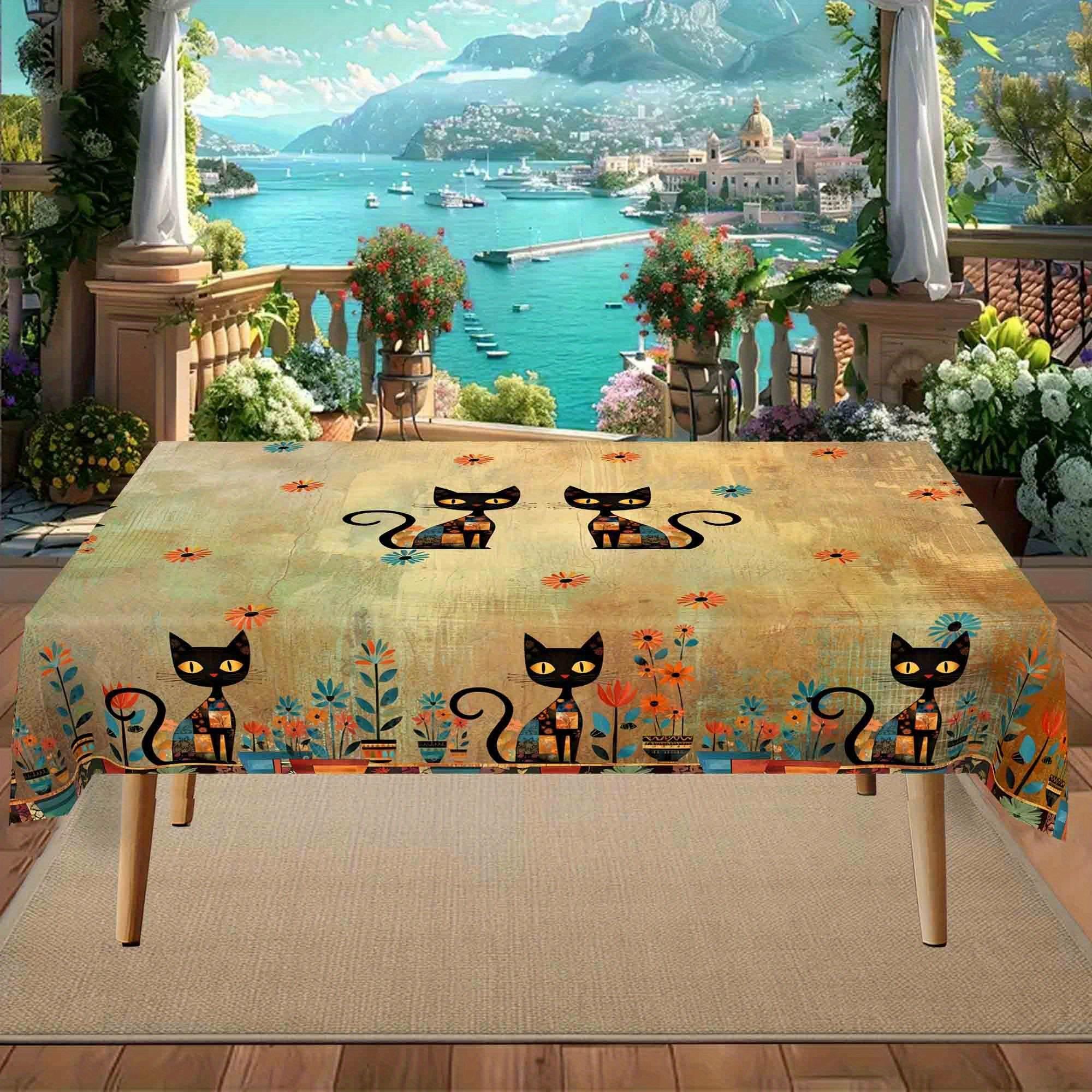 1pc Bohemian Mandala Tablecloth, Vintage Floral and Cat Pattern Tablecloth, Rectangular Polyester Tablecloth, Suitable for Holiday Party Decorations, Elegant and Durable Indoor/Outdoor Dining Table Decoration, Perfect Gift for Easter, Spring, Mother's Day
