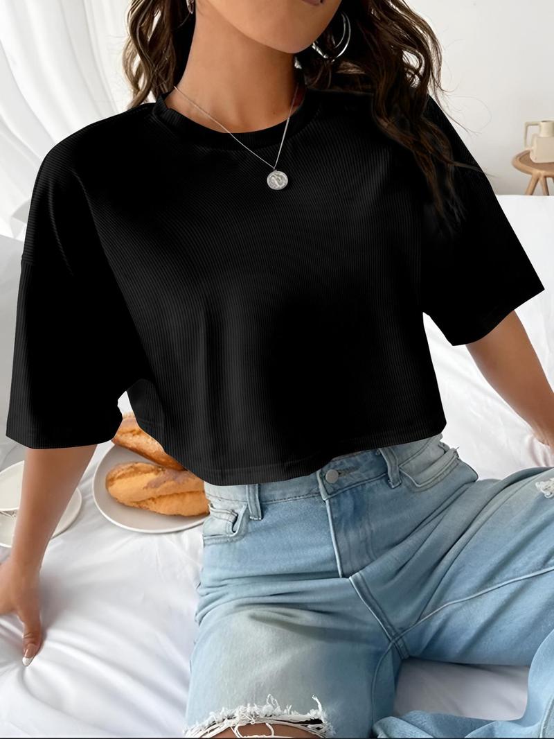 Women's Plain Ribbed Curved Hem Crop Tee, Casual Half Sleeve Round Neck T-shirt for Summer, Ladies Clothes for Daily Wear
