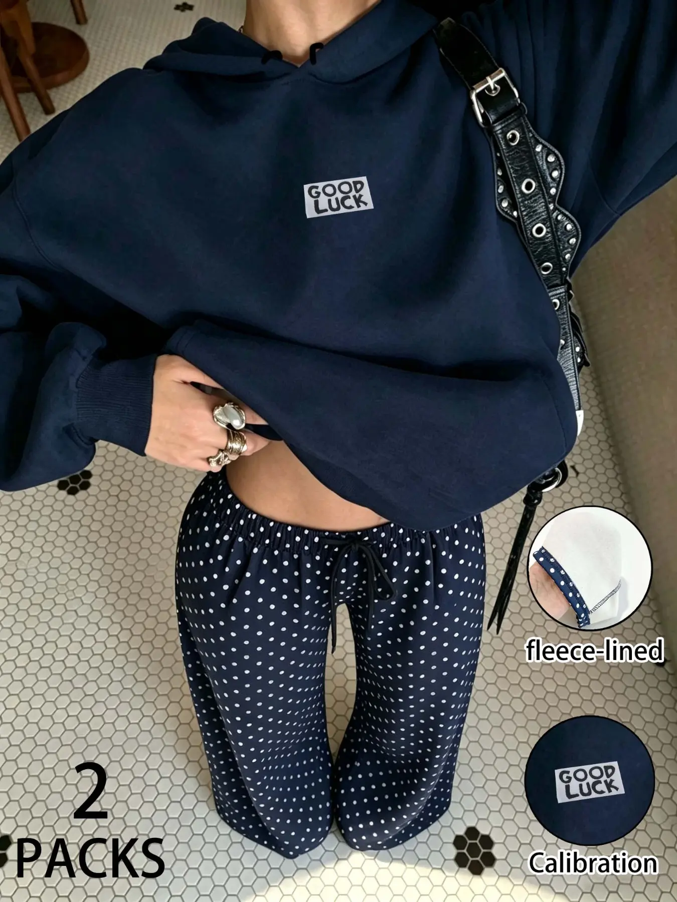 Women's Fleece Two-Piece Set, Good Luck Print Sweatshirt + Polka Dot Drawstring Pants, Thickened Fleece, Fall Winter Warm, Casual Home