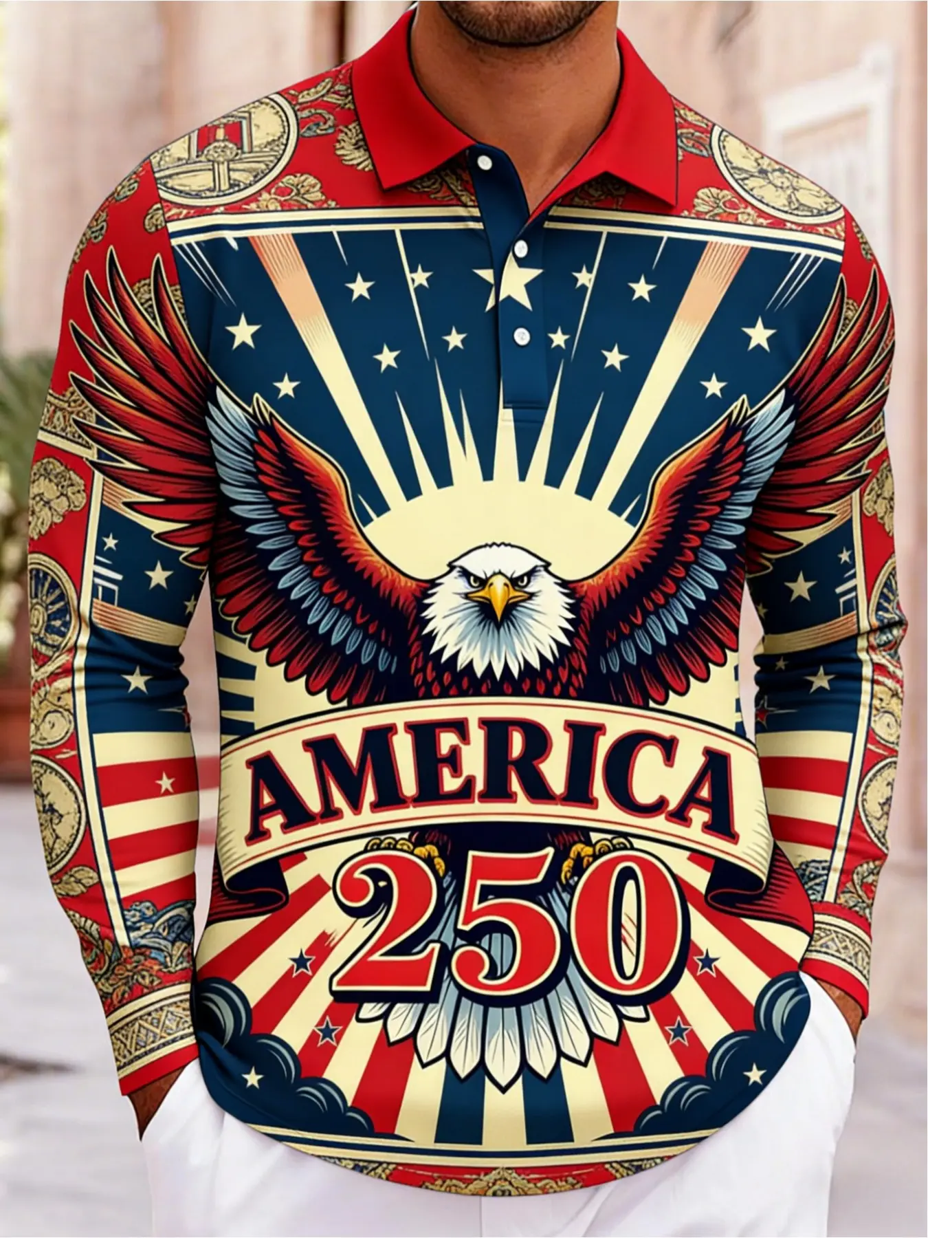 American 250th Anniversary Graphic Long Sleeve Polo Shirt, Men's Casual Loose-Fit Top, Patriotic Eagle Design, Spring & Fall Wear