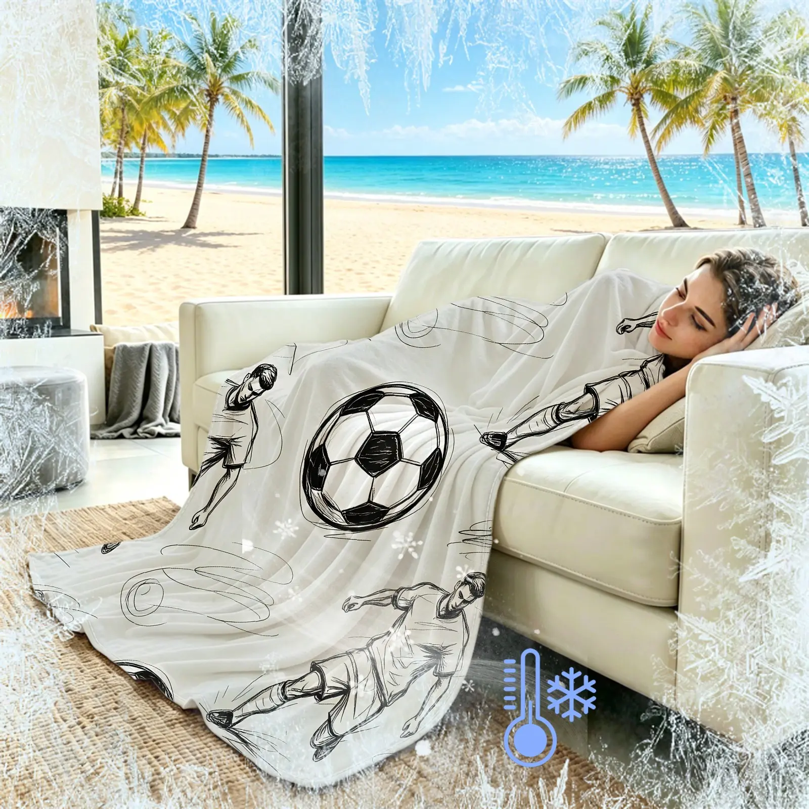 Black White Sketch Soccer Player Cooling Blanket for Hot Sleepers, Q-MAX>0.3 Cool Soft Summer Throw Blanket, Teen Gift, Multi Colors Available