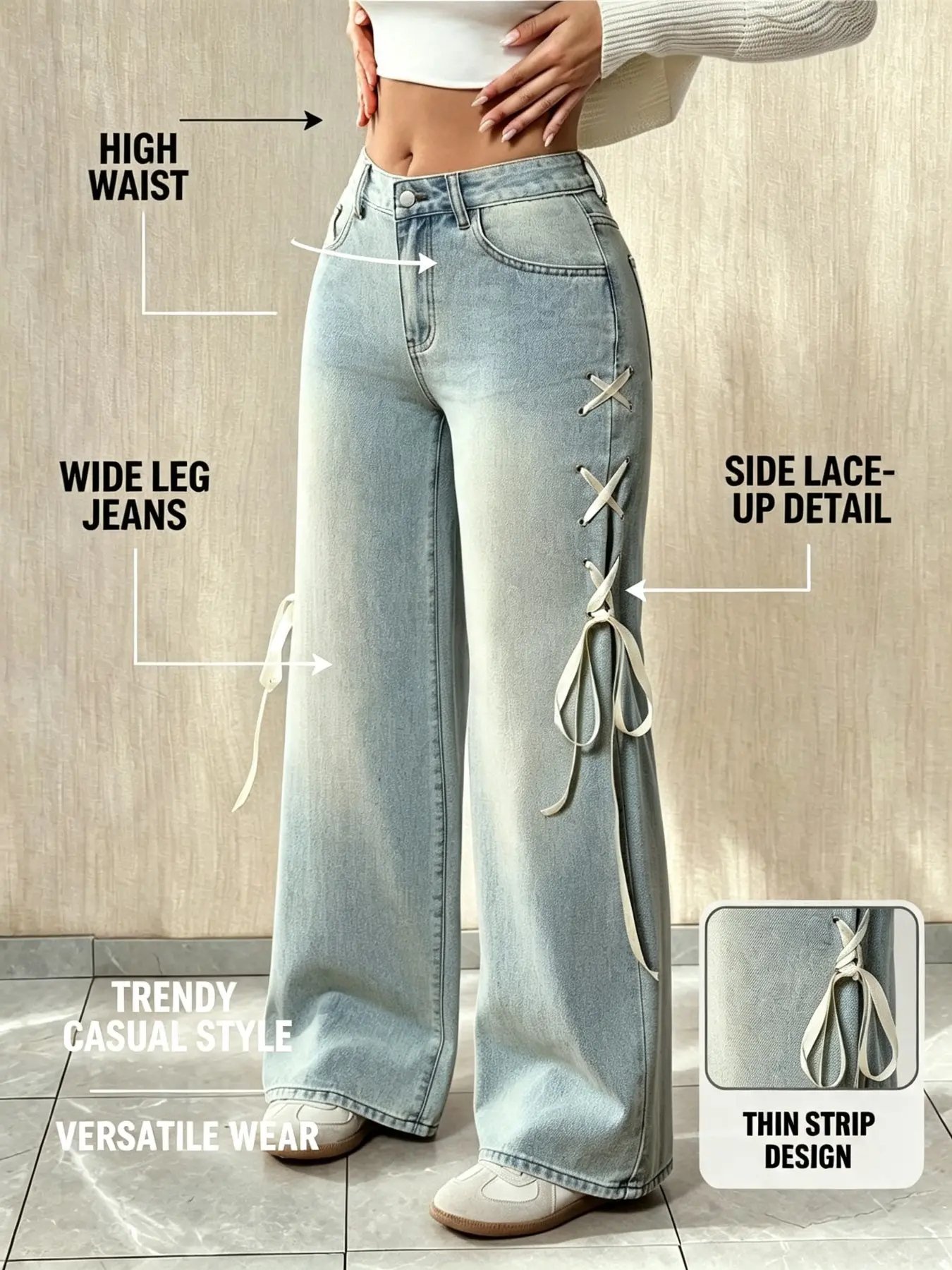 Women's High Waist Wide Leg Jeans, Side Tie Button Fly Design, Vintage Washed Casual Straight Leg, Y2K Fall Winter Fashion