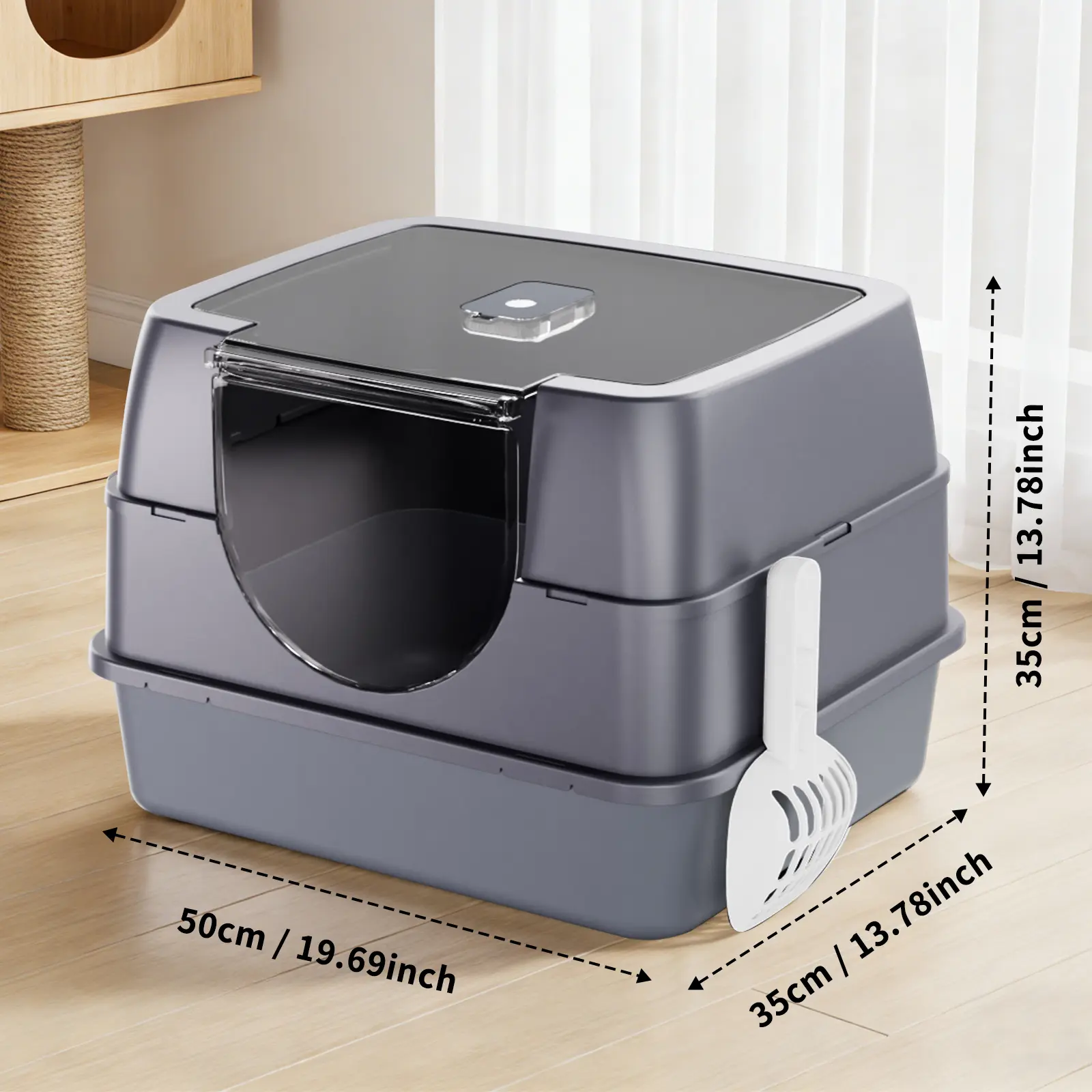Extra Large Enclosed Cat Litter Box with Scoop, Anti-Odor Covered Litter Box, Front Entry Clear Window Hooded Kitty Litter Pan, Multiple Colors
