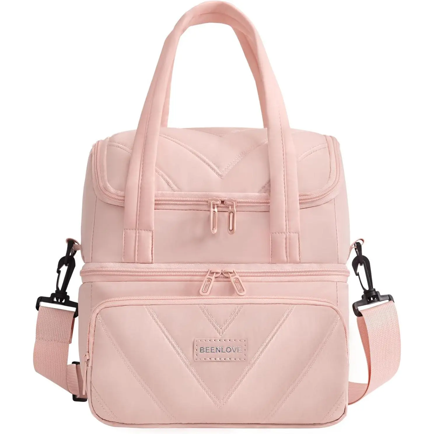 Lunch Bag for Women Insulated Double Deck Lunch Box Puffer Lunch Tote with Straps Leakproof 12L Lunch Cooler with Pockets for Work Picnic Meal Travel Beach Pink