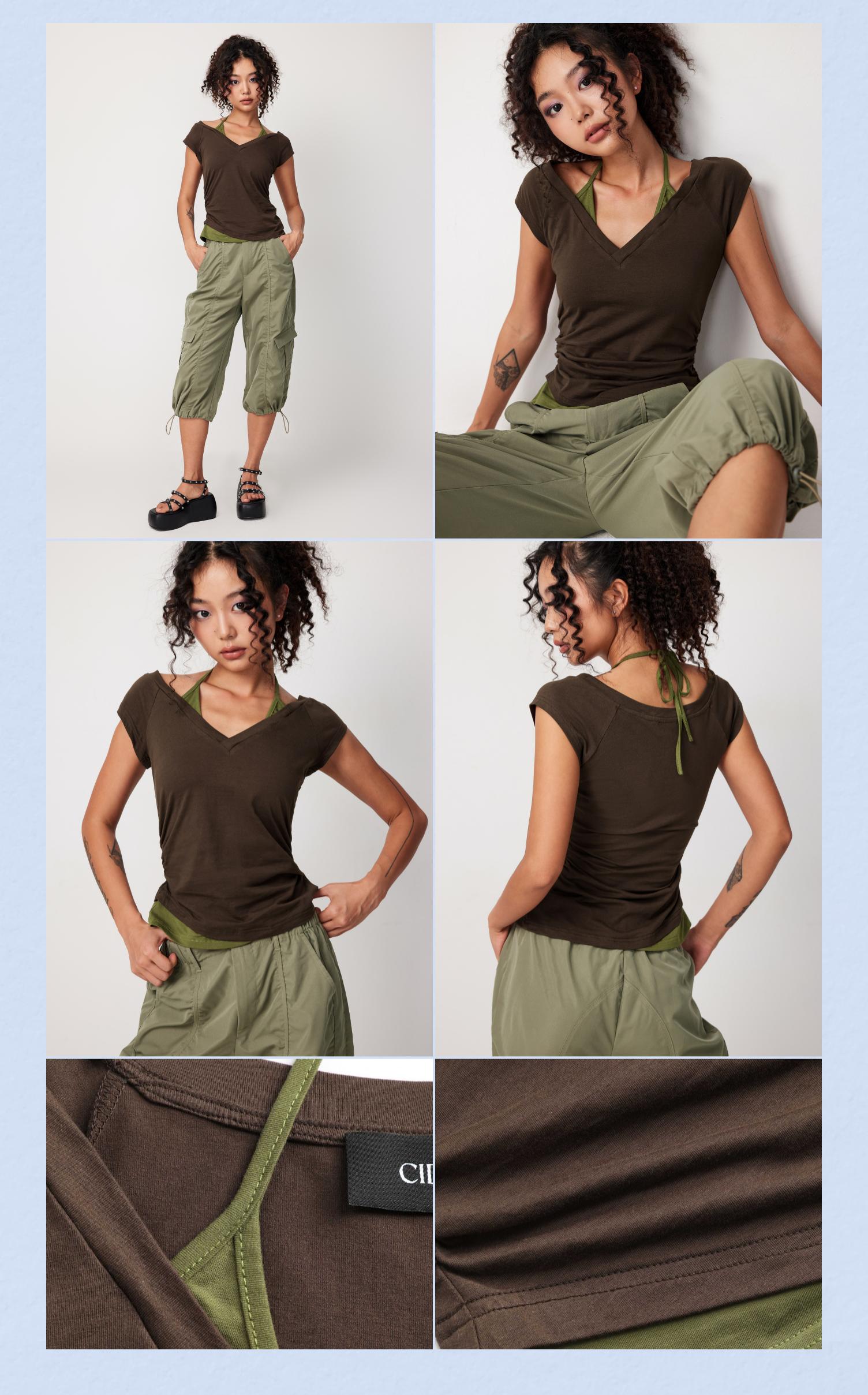 Cider [6 colors, size 0-26] Halter Neckline Patchy Short Sleeve Top