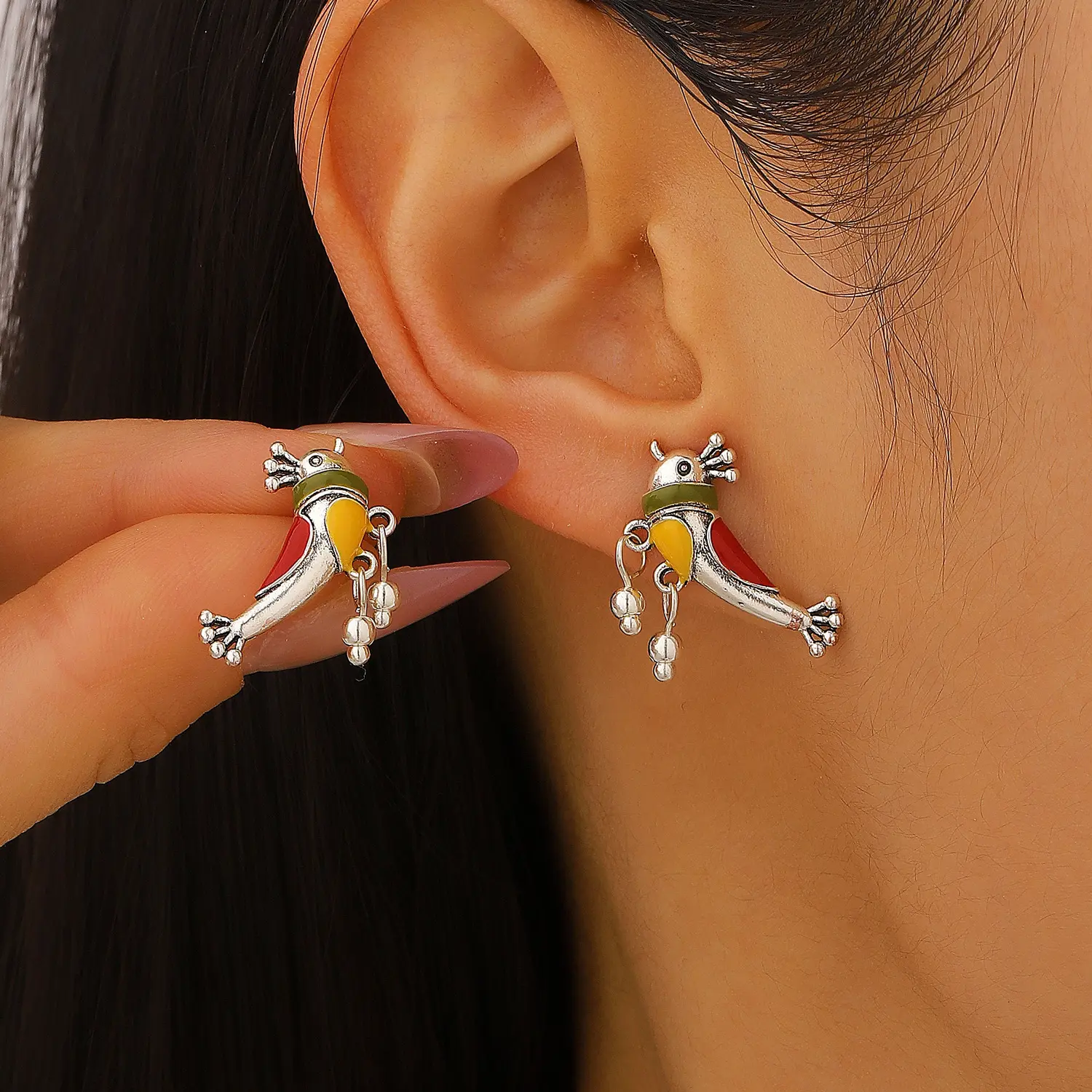 Women's Vintage Silver-Copper Tribal Bird Shape Stud Earrings - Multi-Enamel Colors Parrot Animal Character Charm, Boho Ethnic Fringe Drop Dangle Whimsical Jewelry for Daily, Resort Wear, Animal Character Earrings, Earrings For Women, Whimsical Earrings