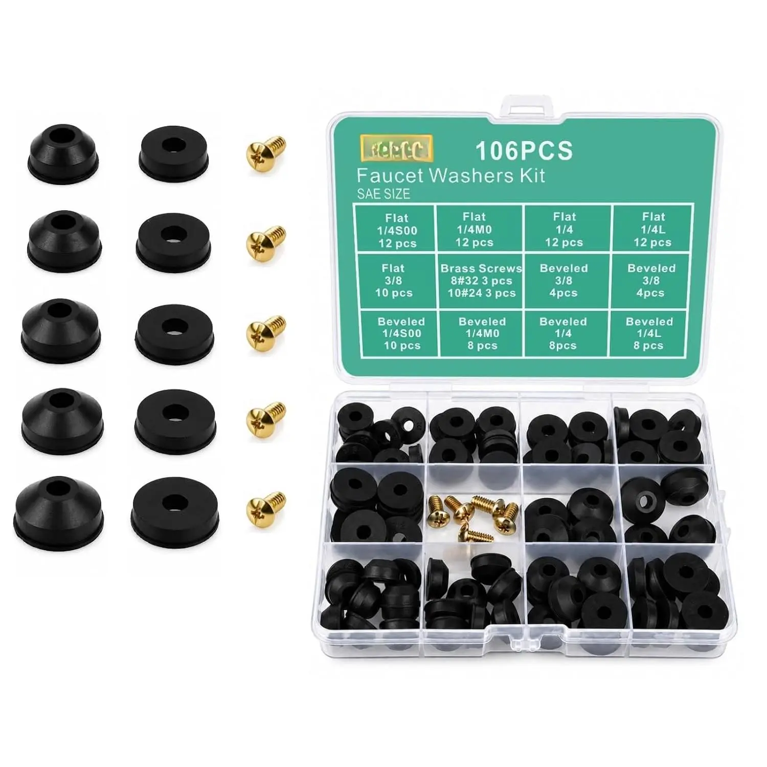 106 count Outdoor Faucet Repair Kit Hose Bib Repair Kit Spigot Repair Kit Faucet Washers Gasket Kit   for Worn & Leaking Outdoor Garden Faucet Stems
