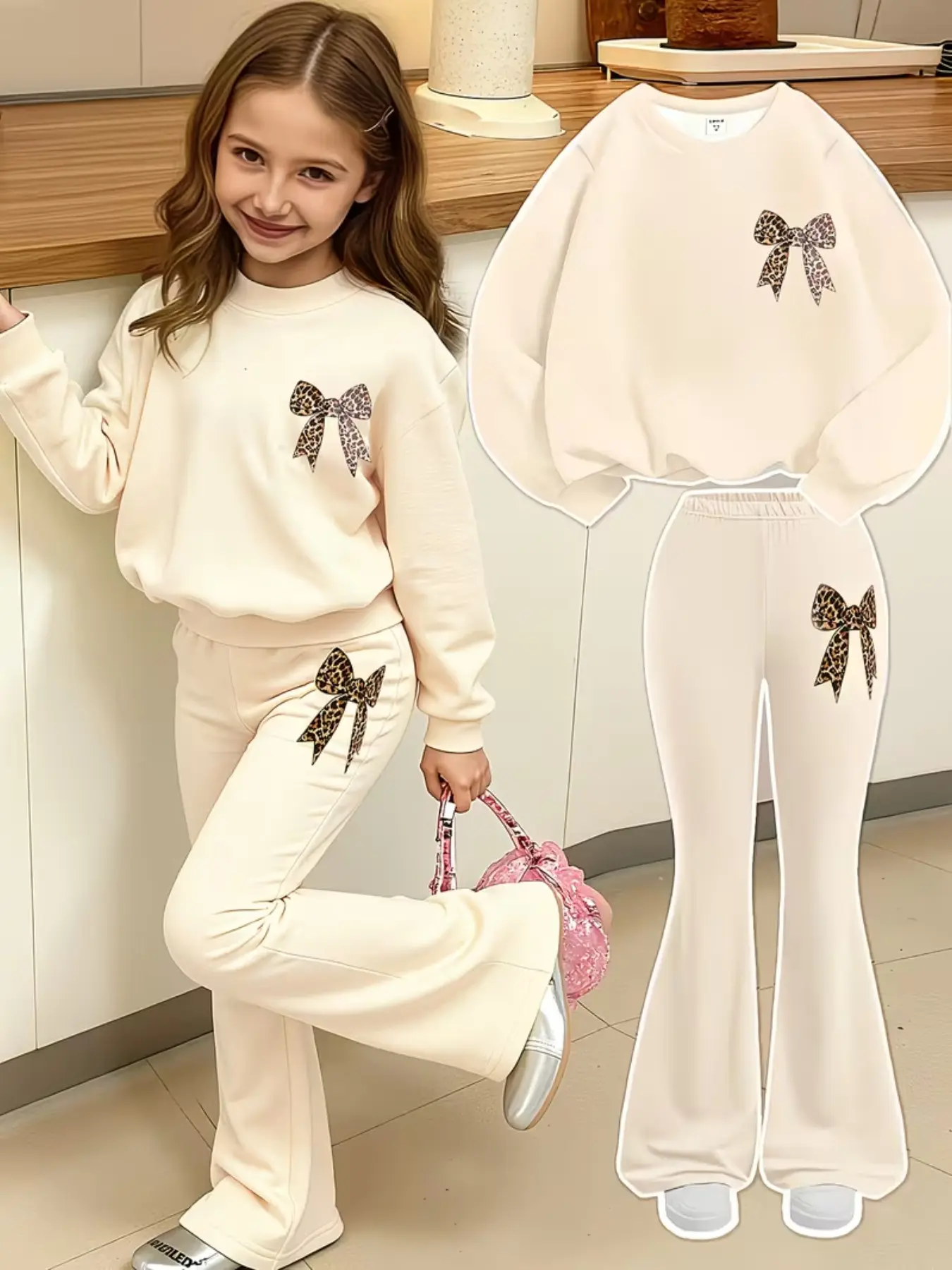 Girls' Fall Winter Casual Leopard Print Bow Long Sleeve Sweatshirt Set, Cute Clothing Set, Comfortable Fabric, Perfect Gift, Outdoor Wear
