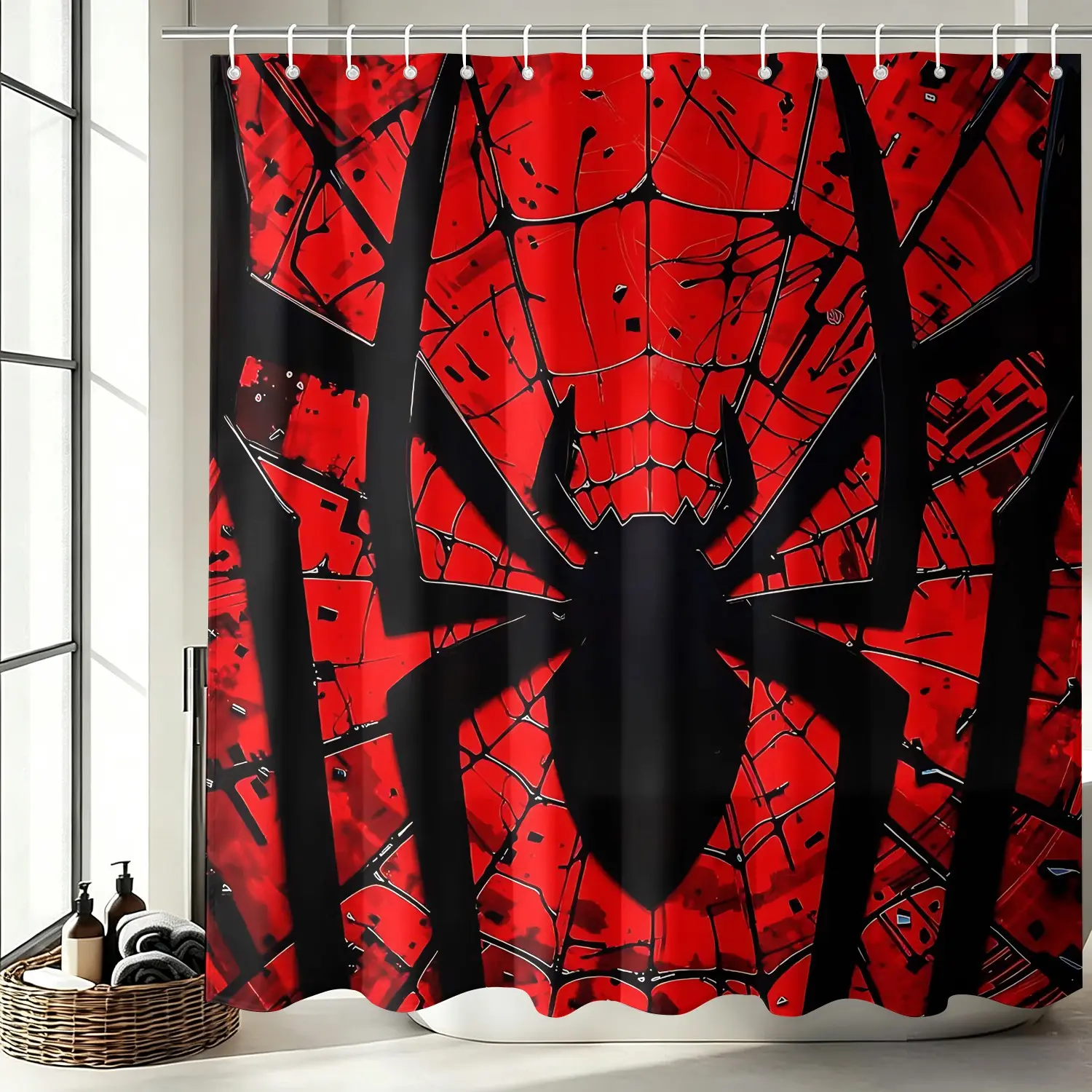 Cool Red Giant Spider Shower Curtain Set, Waterproof Cloth Fabric Bathtub Curtain 72"x72" with 12 Hooks, Crack Texture Black Web, Gift for Young Male Teen Boys Gaming Bathroom Decor Accessories