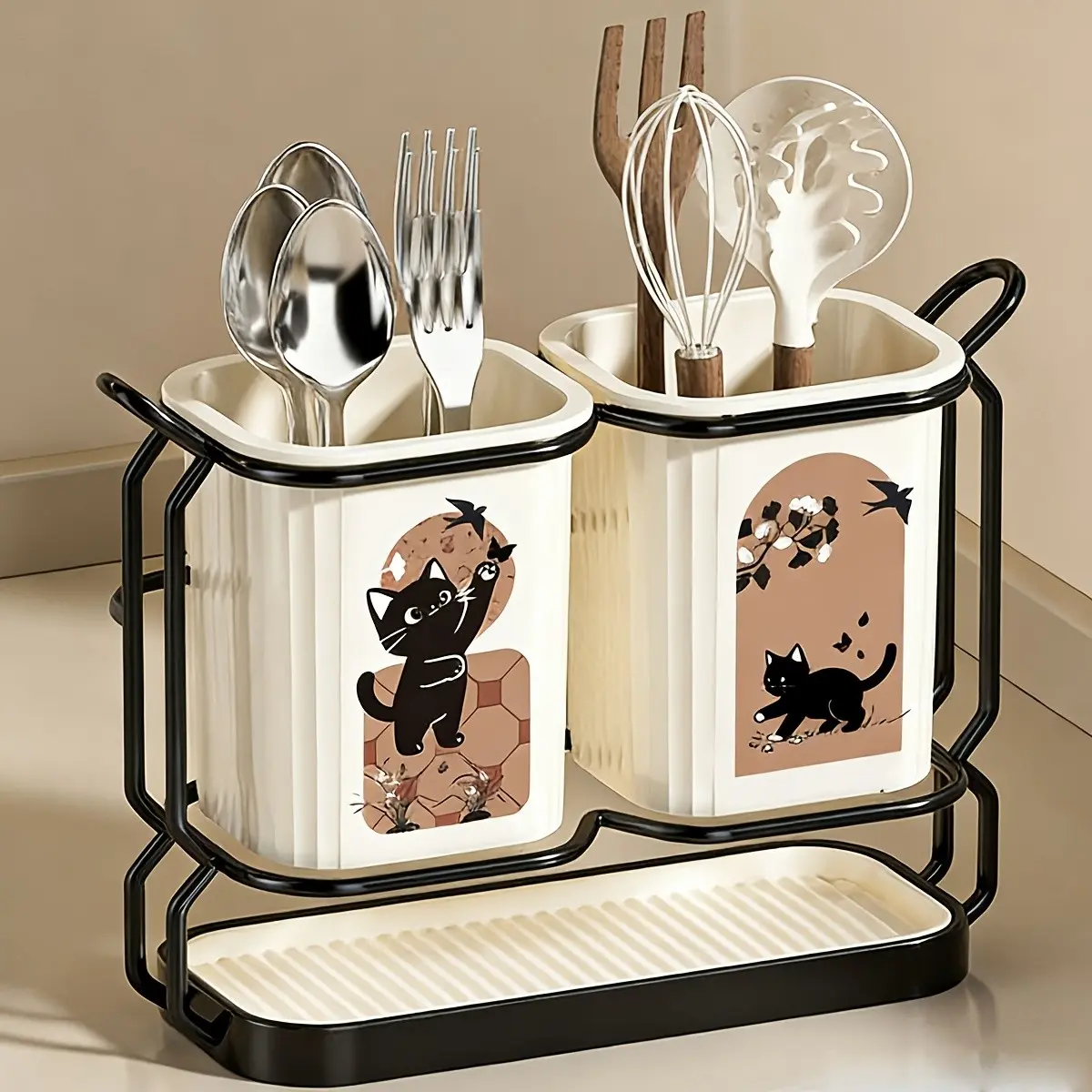 Carbon Steel Kitchen Utensil & Knife Organizer, 2 Utensil Caddies, 2-In-1 Countertop & Wall-Mountable, Cute Cat Pattern, Durable Rack, Kitchenware