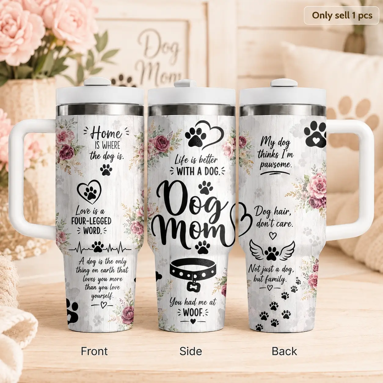 40oz Dog Paw Print Tumbler with Handle & Straw | Stainless Steel Vacuum Insulated Travel Mug | Leak Resistant Cupholder Friendly Cup | 24H Cold Drink Bottle for Gym Office & Travel