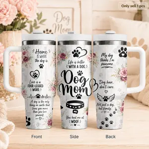40oz Dog Paw Print Tumbler with Handle & Straw | Stainless Steel Vacuum Insulated Travel Mug | Leak Resistant Cupholder Friendly Cup | 24H Cold Drink Bottle for Gym Office & Travel