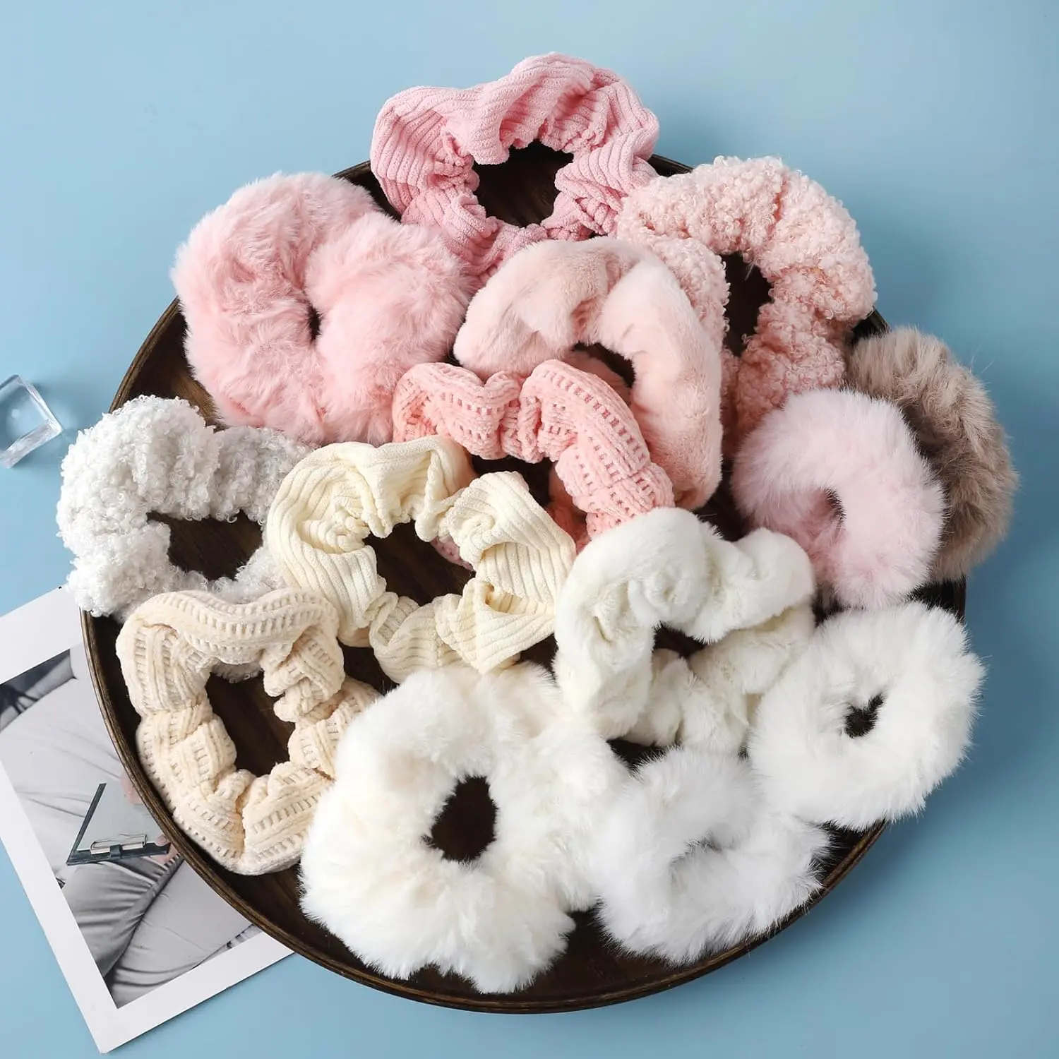 14PCS Velvet Solid Elastic Hair Ties, Big Hair Scrunchies for Women Long Thick Hair, Ponytail Holders, Hair Rubber Bands Accessories, for Women and Girls, Pink and Beige