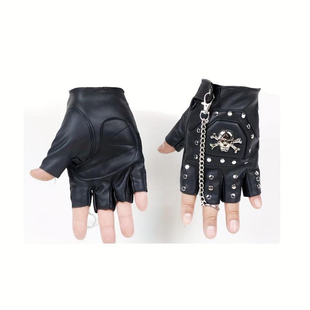 Men's Skull Half Finger Leather Gloves, Punk Rivet Chain Design, Anti-Slip Outdoor Sports & Motorcycle Riding Gloves, Novelty Pirate Style Performance Gloves