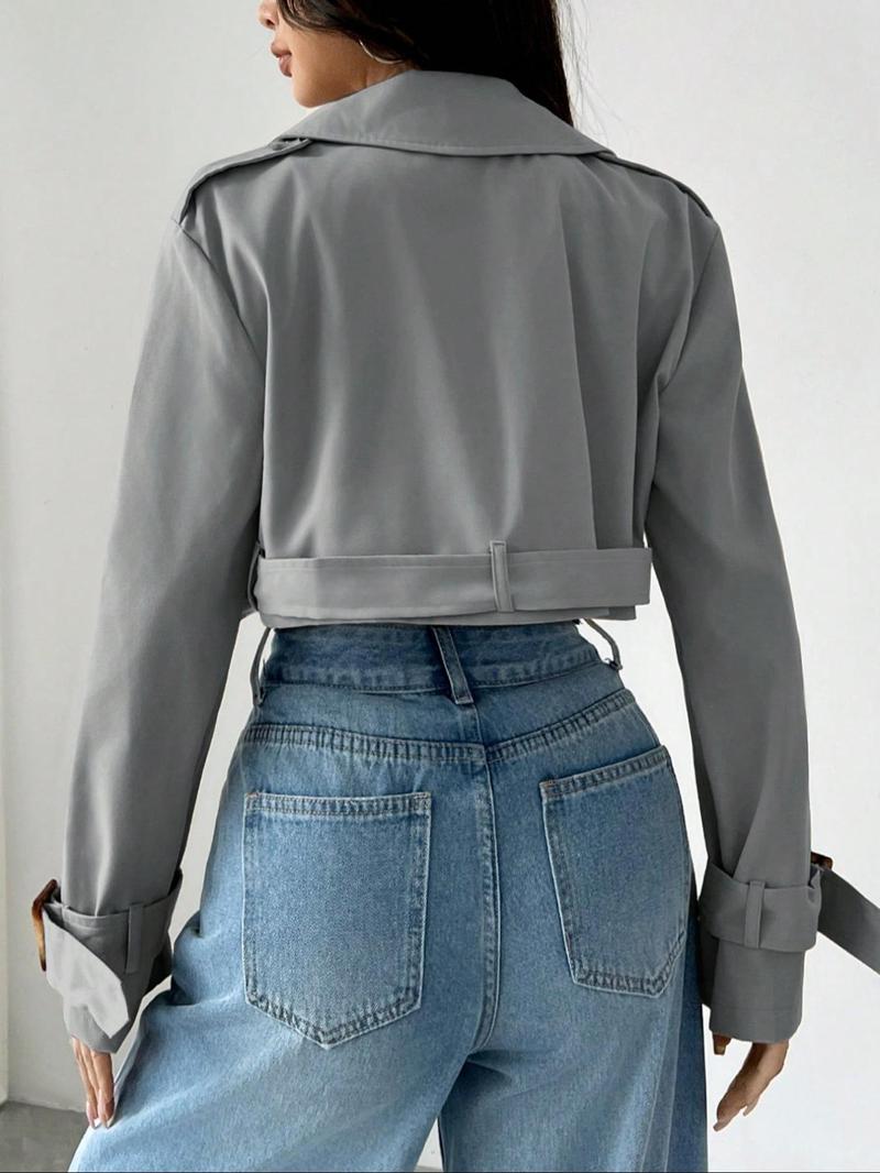 Women's Solid Double Button Belted Lapel Neckline Crop Trench Coat, Casual Long Sleeve Crop Outerwear for Spring & Fall, Women's Clothing for Daily Wear, Lady Jackets