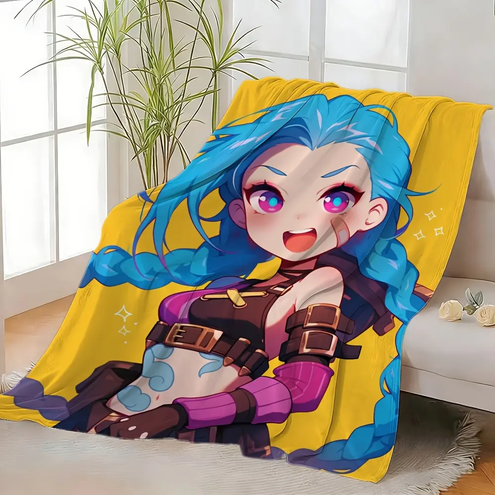 League of Legends Jinx Chibi Cartoon Print Fluffy Flannel Throw Blanket, Bright Yellow Base, Whimsical Home Decor, Anime Fan Art All-Season Gift for Home Anime Fans (Ideal for Room & House Decor)