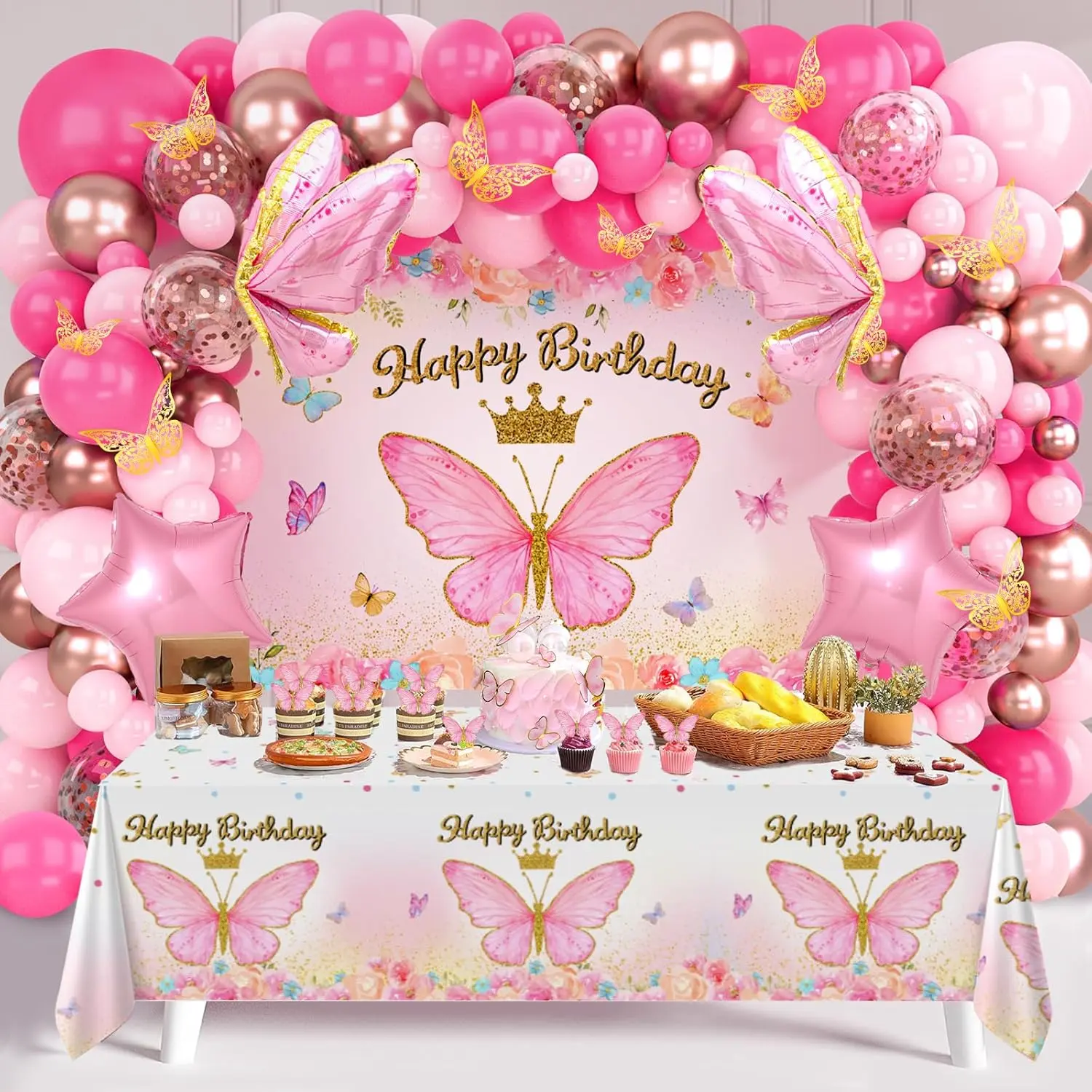Pink Balloon Arch Kit with Foil Butterfly Balloons, Happy Birthday Backdrop & Tablecloth - 106 Party Decor Supplies for Girl's Celebrations, Butterflies