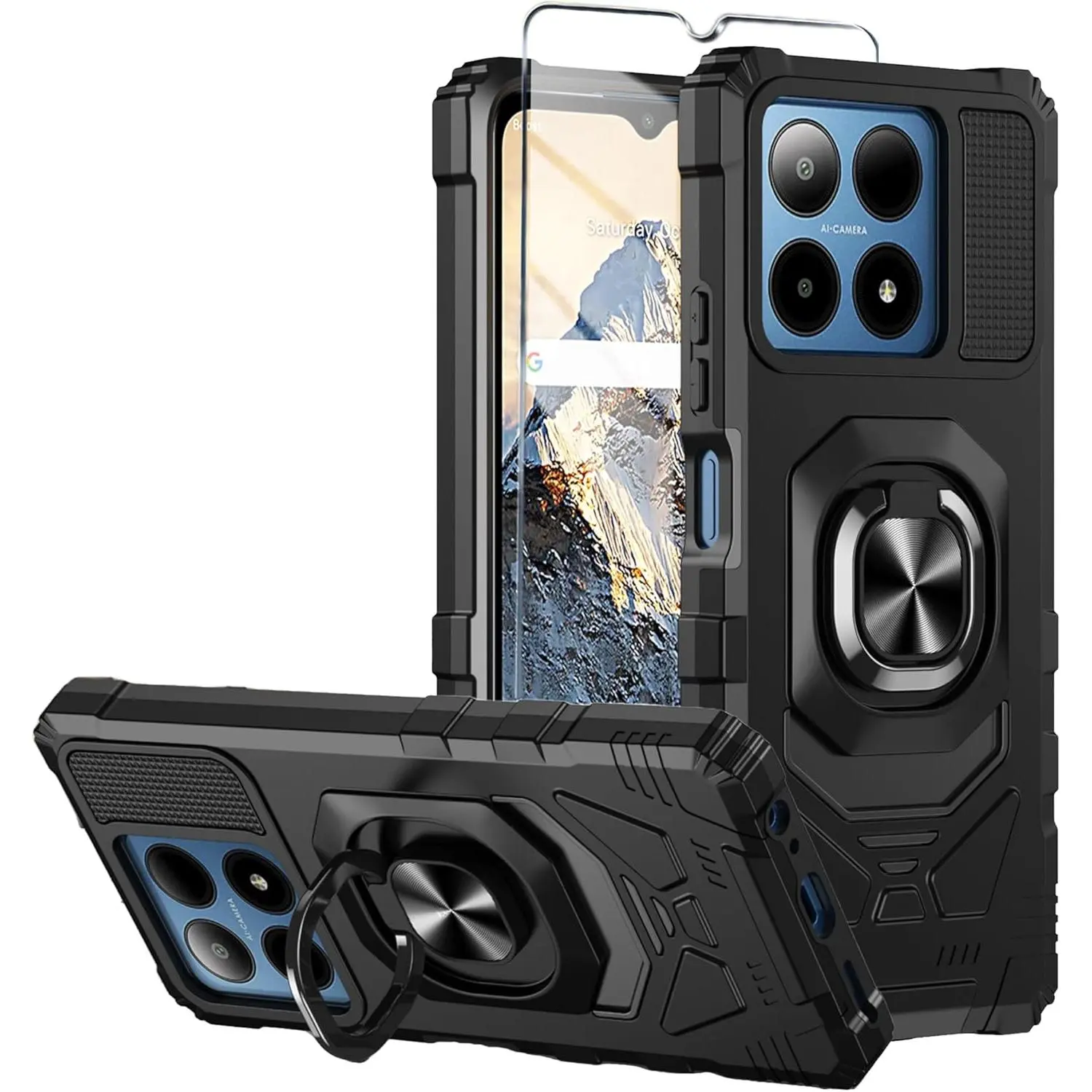 Boost Summit 5G Smartphone Case with Tempered Glass Screen Protector, Military Grade Heavy Duty Shockproof Casing, Handheld Cellphone Devices Ring Kickstand (Black)