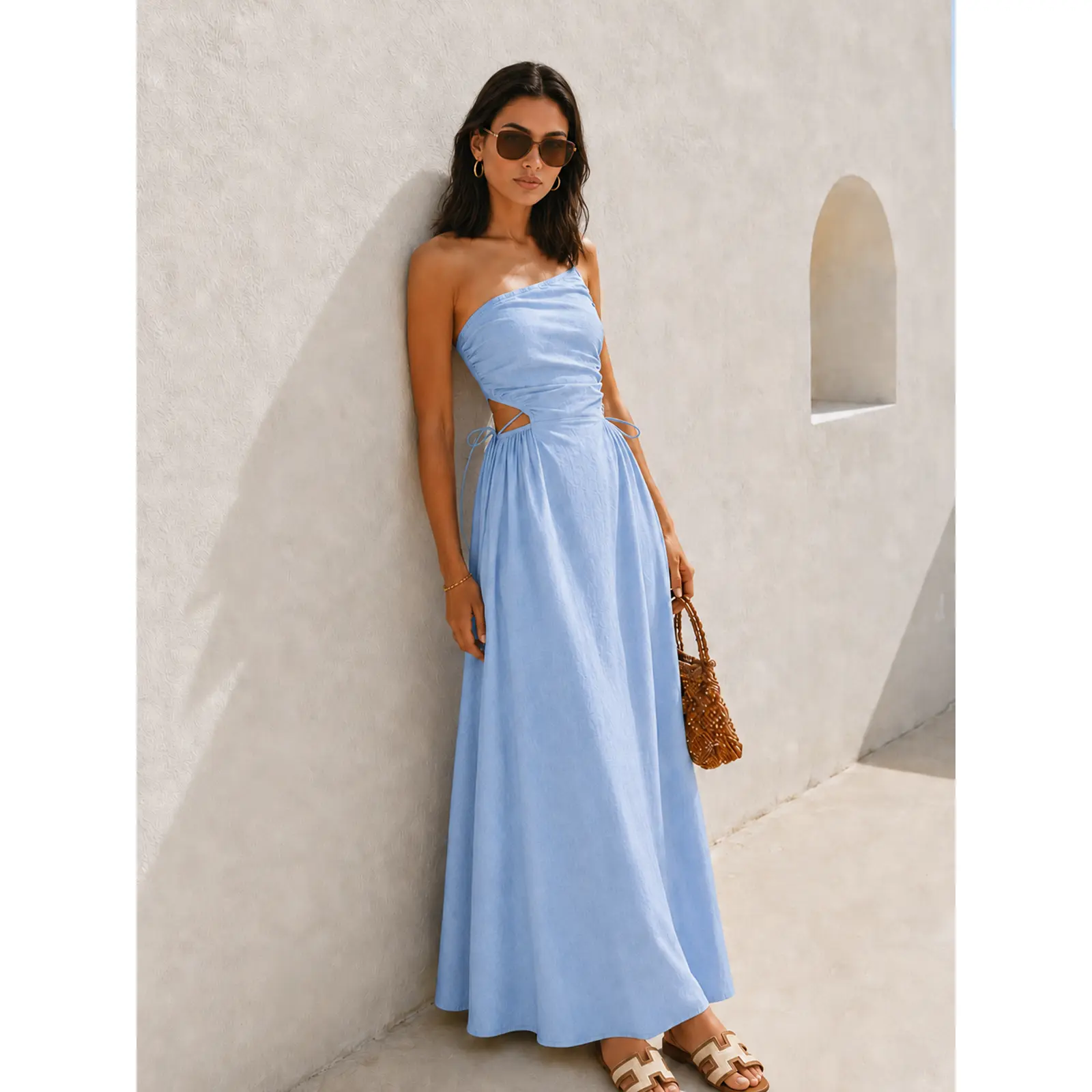Cutout Tie-Side Cotton Linen Midi Dress
