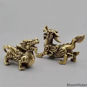 Pair of Solid Brass Male & Female Pixiu Pi Yao Statues, Vintage Handmade Chinese Feng Shui Figurines, Wealth-Attracting Table Ornaments for Indoor Home Display, Decorative Accent for Camping, Hiking & Picnic Layouts