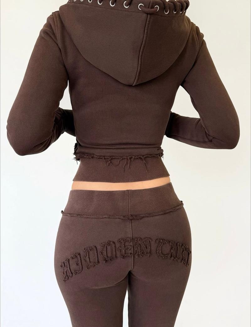 Women's Contrast Waist Knitted Hoodie and Slim Fit Bell Bottom Pants Set Stylish Casual Athleisure Outfit with Stretchy Design Comfortable and Trendy Sportswear Set for Daily Wear