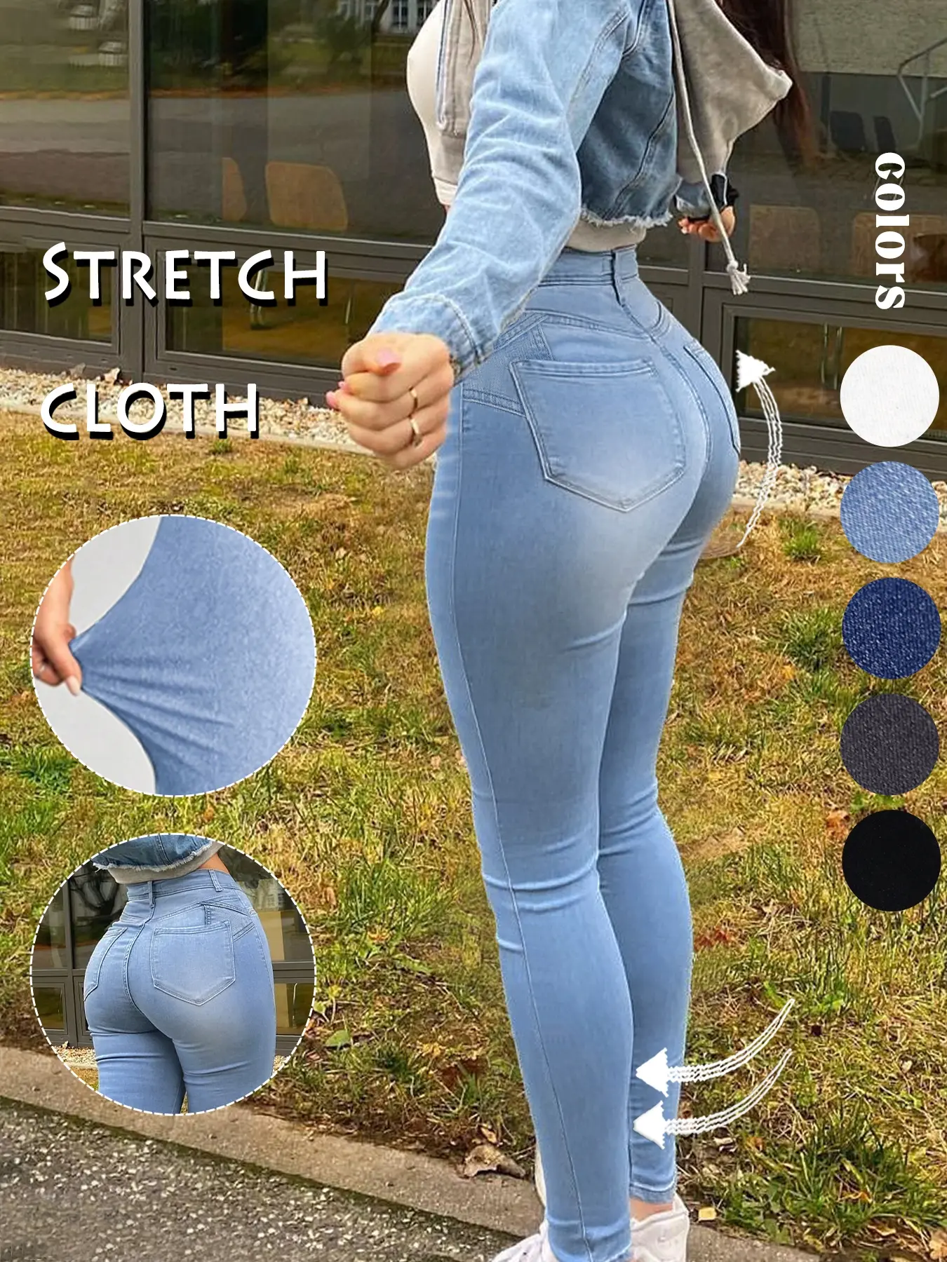 Women's High-Waisted Tight Jeans, Casual Comfort Stretch Conical Jeans, Y2K Plain Washed Blue, Button Fly, Street Style, All Seasons