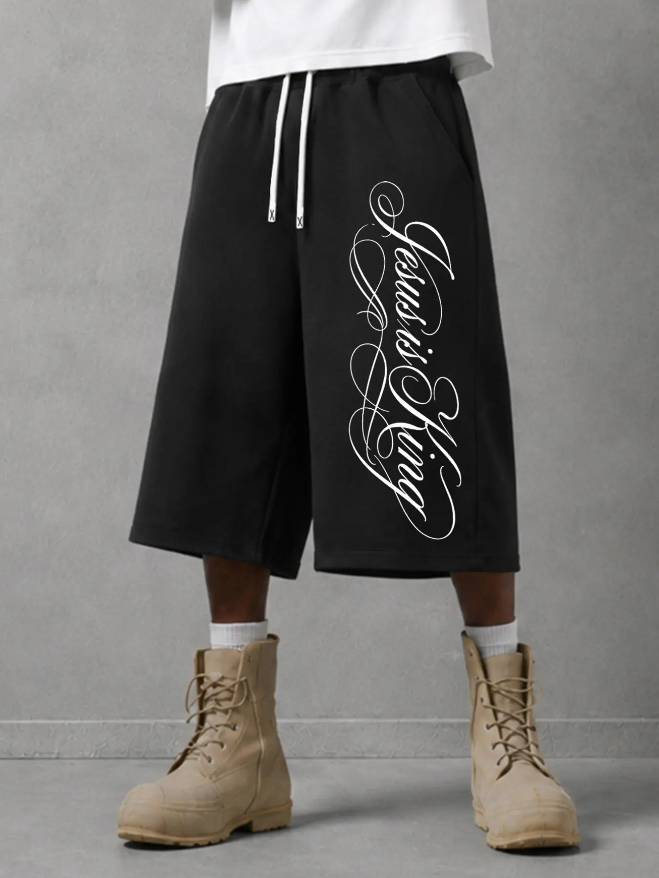 Capri Pants Men Y2K Black Jesus is King Printed Drawstring 3/4 Length Cropped Sweatpants for Unisex Streetwear Daily
