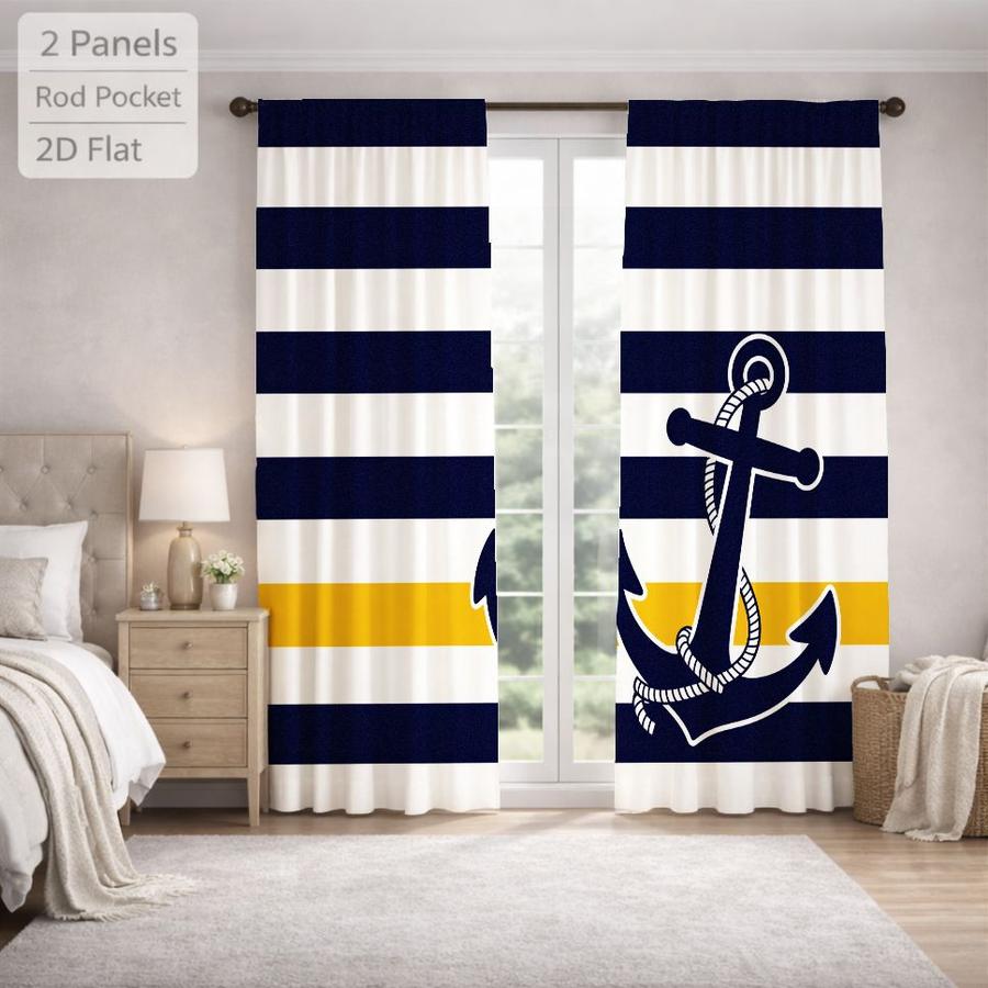 2Pcs Nautical Style Anchor Horizontal Stripes Sun Blocking Curtains Digital Printed Rod Pocket, Window Treatment For Bedroom Office Kitchen Living Room Study Home Decor