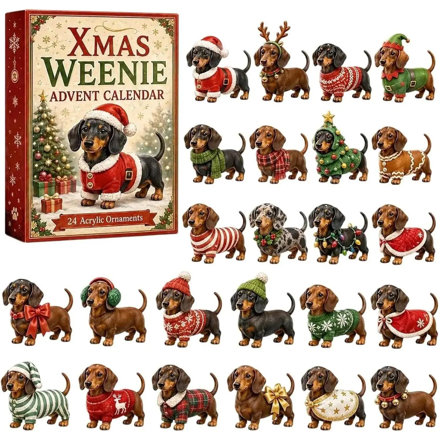 2026 Weiner Dog Countdown Calendar, 24-Day Timer with Unique Designs, Perfect for Dog Lovers, Christmas Collectible Display Item, Ornaments