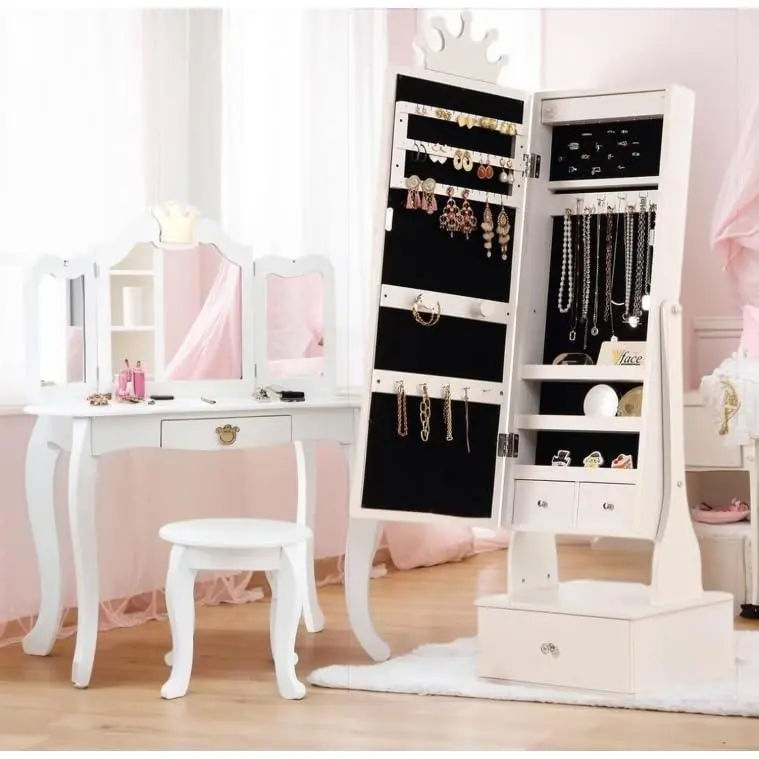 Garvee Princess Crown 46" Jewelry Armoire with Full-Length Lighted Mirror, Standing Organizer Featuring Necklace Hooks, Earring Slots, 3 Drawers, and Anti-Tip Safety Design in White