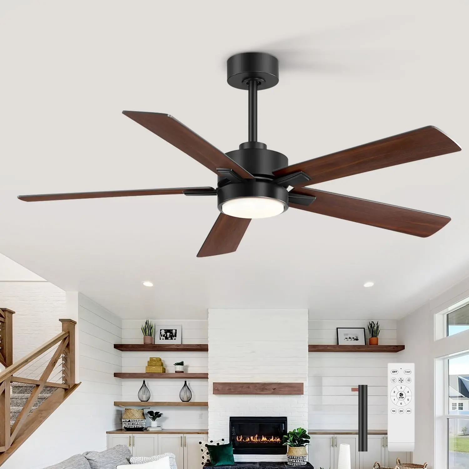 Ceiling Fans with LED Lights, 52 Inch 5- Ceiling Fan Remote Control, Industrial Ceiling Fan with Reversible DC , Downrod Mount LED Ceiling Light Chandelier for Bedroom (Black & Walnut)