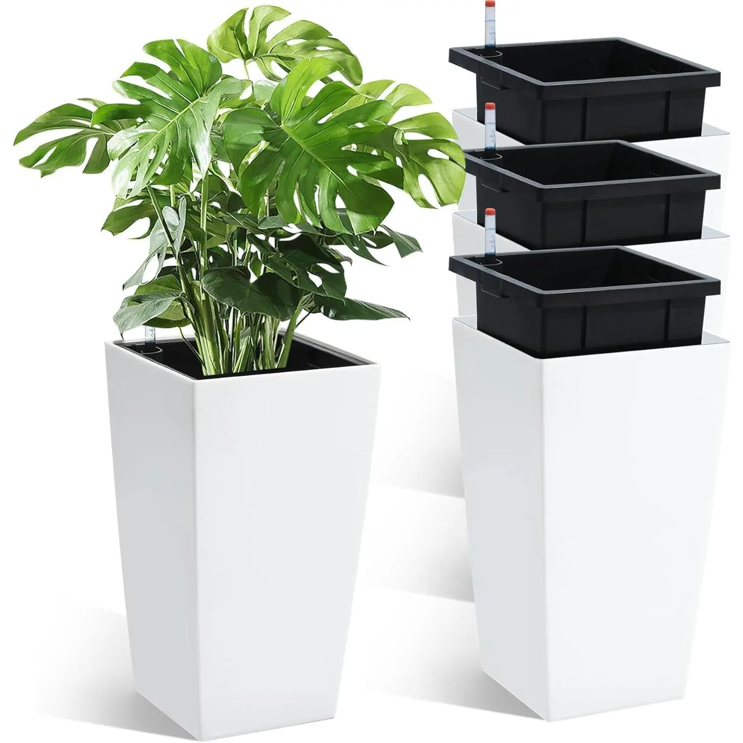 4-Pack 16-in Tall Rectangular Decorative Planters - White & Black, Durable Modern Home Decor Pots for Indoor & Outdoor Garden Use