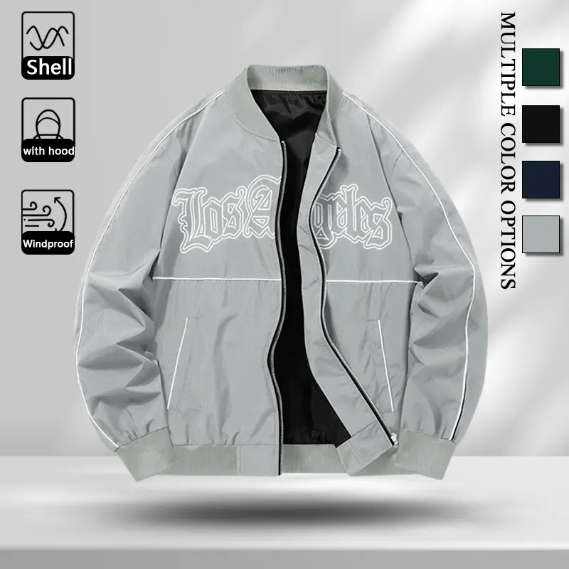 Men Rib Baseball Collar Bomber Jacket, Windproof Durable Light Fabric Full Zip Outerwear with Gothic Letter Graphic & White Piping Trim, Rib Elastic Cuffs, Loose Fit Coat for Street Casual Daily Outfits, Multiple Neutral Tone Options