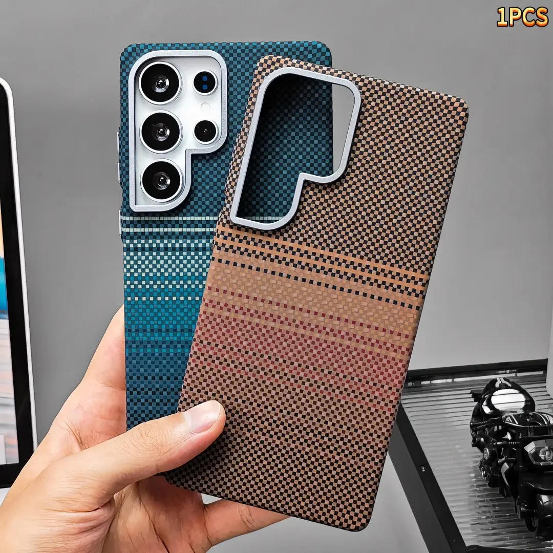 Sunset Orange Carbon Fiber Texture Woven Aramid Kevlar Phone Case for Samsung Galaxy S26 Ultra, Minimalist Luxury Trendy Hard Cover with Magnetic Embossed Metal Frame, Full Protection Shell Fit S26 / S25 / S24+ / S23 Ultra