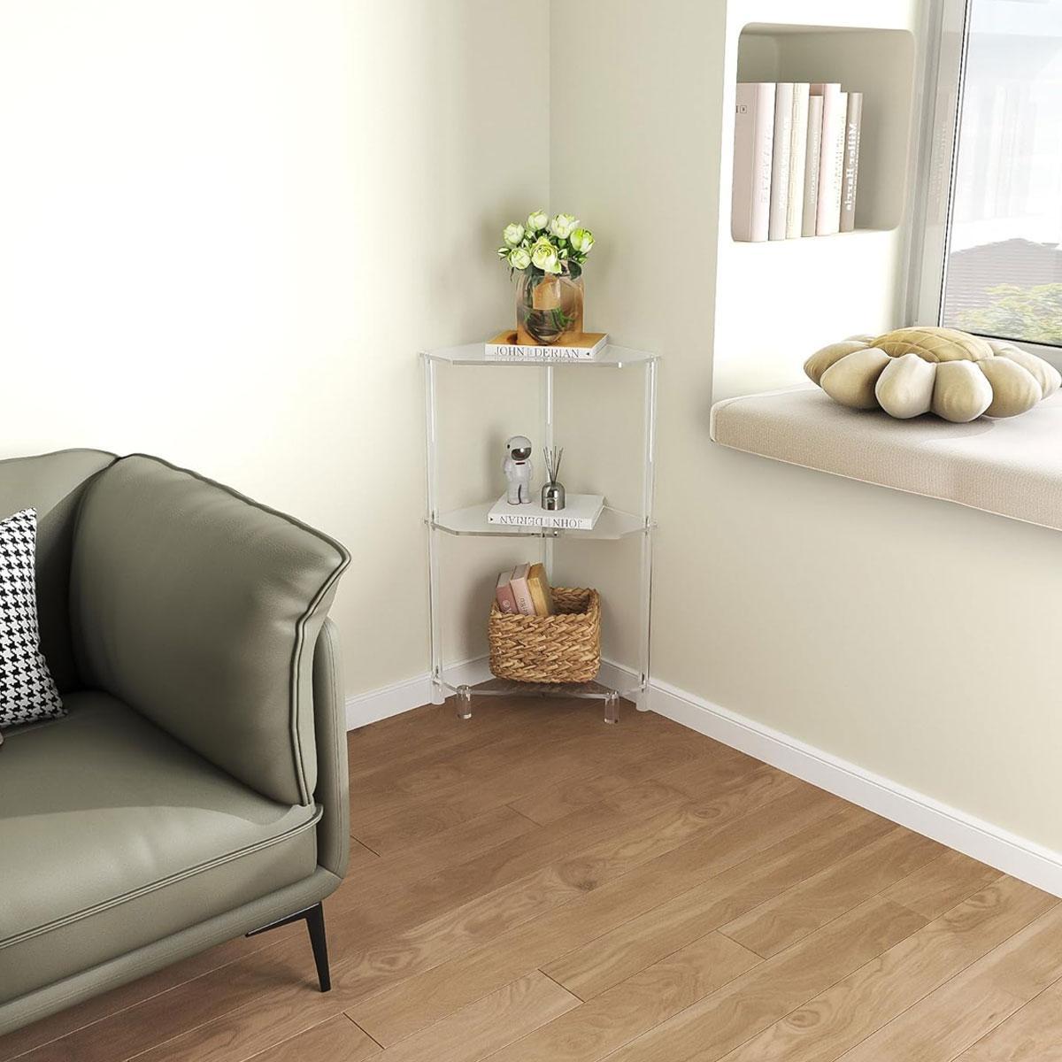 Modern Acrylic Corner Table, Modern Entryway Table, Modern Side Table, Transparent Triangle Shelf for Living Room Bedroom Bathroom, Easy Assembly Space-Saving Design
