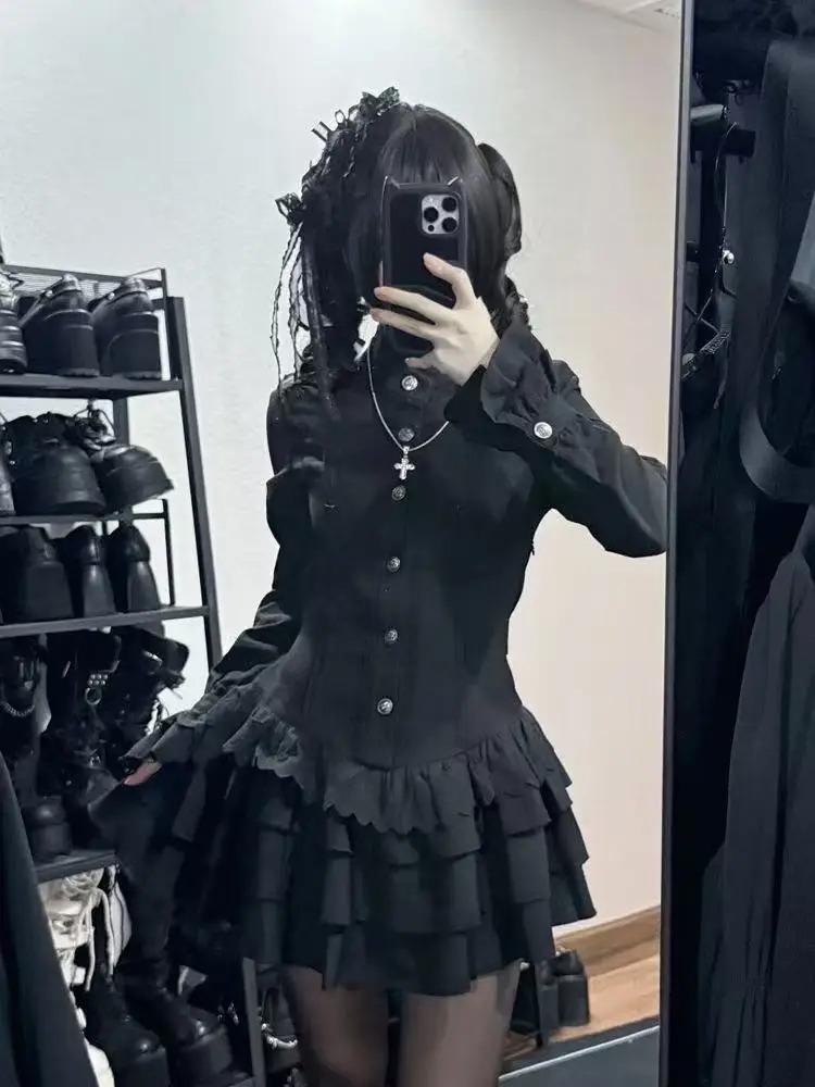 Aesthetic Vintage Slim Sleeveless Black Dress Women Gothic High Street Skinny Ruffle Retro Dresses Y2k Chic Belt New Clothing