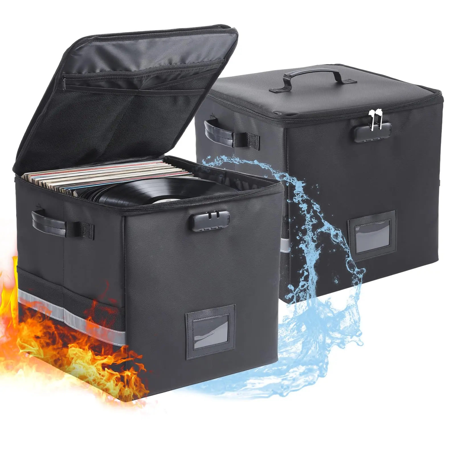 Garvee Fireproof & Waterproof Vinyl Record Storage Boxes Set - Heavy Duty Collapsible Organizer for 100+ 12-Inch Vinyl records - Lockable Collector Case with Handles, Label Slot,
