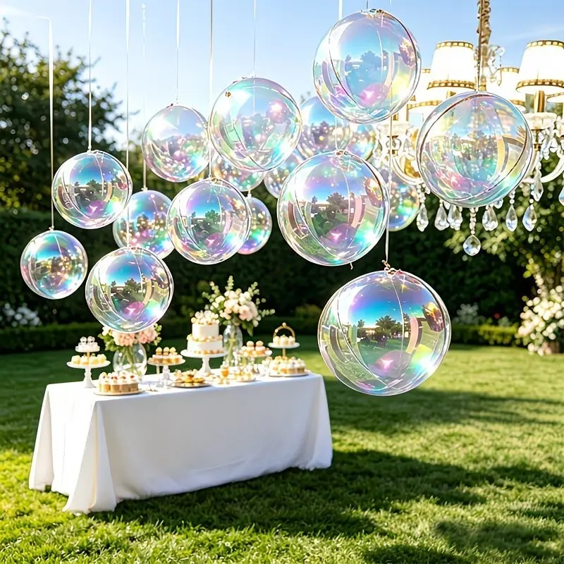 12Pcs Iridescent Round Foil Balloons, 22" 15" 10" 4D Clear Ball Balloon, Holographic Balloons for Birthday Decorations Wedding Folding Rainbow Under The Sea Mermaid Party decoration