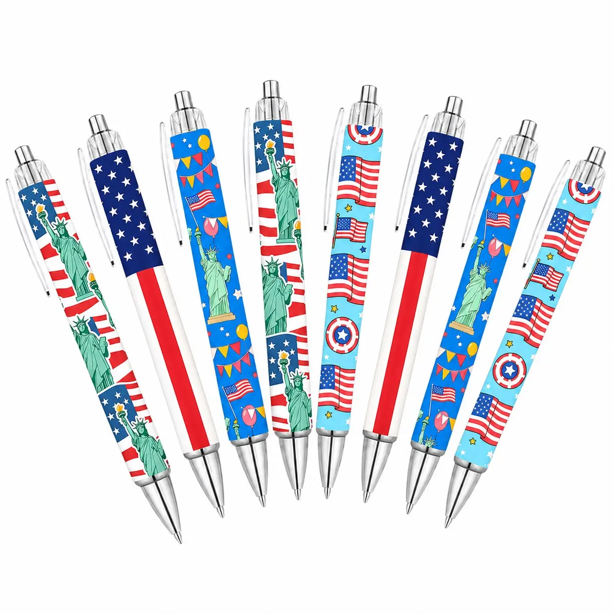 8pcs Patriotic Ballpoint Pens Set, Usa Flag & Liberty Statue Design, Retractable Pens, Smooth Writing, School, Office, Party Favors, Gifts